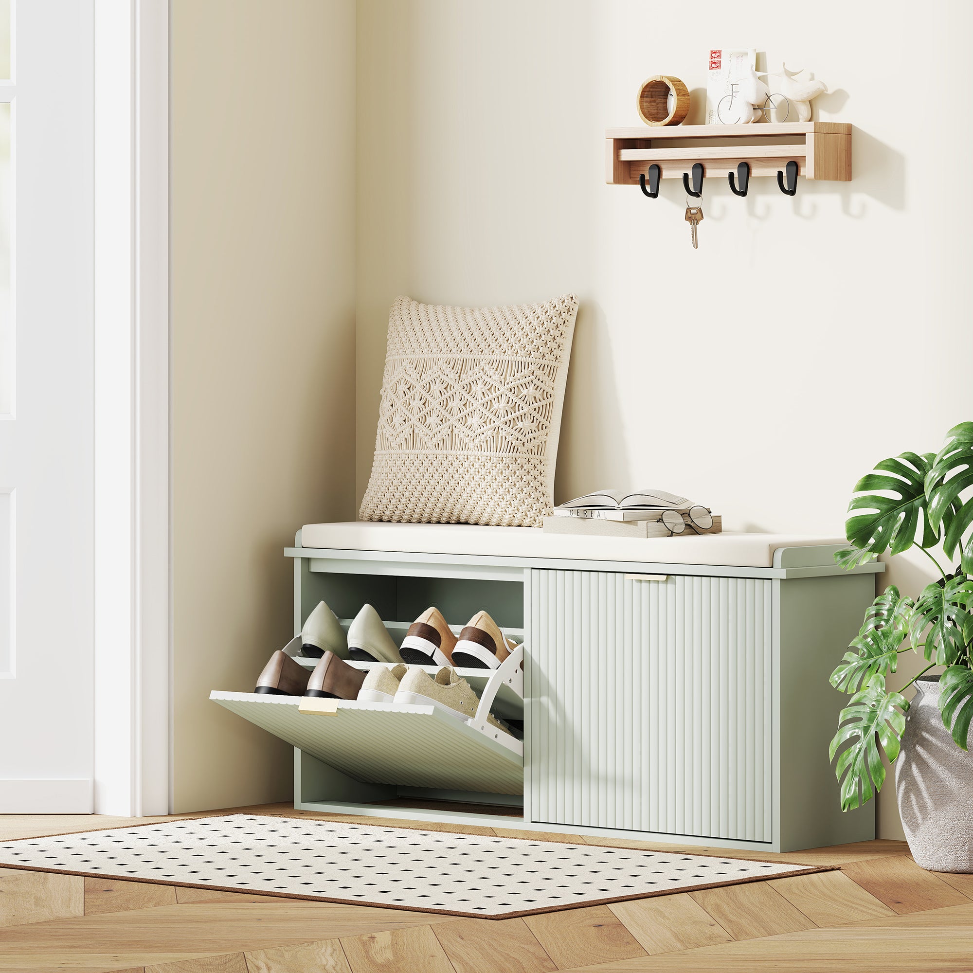 HOMCOM Elegant Ten Shoe Bench, with Top Seat - Green