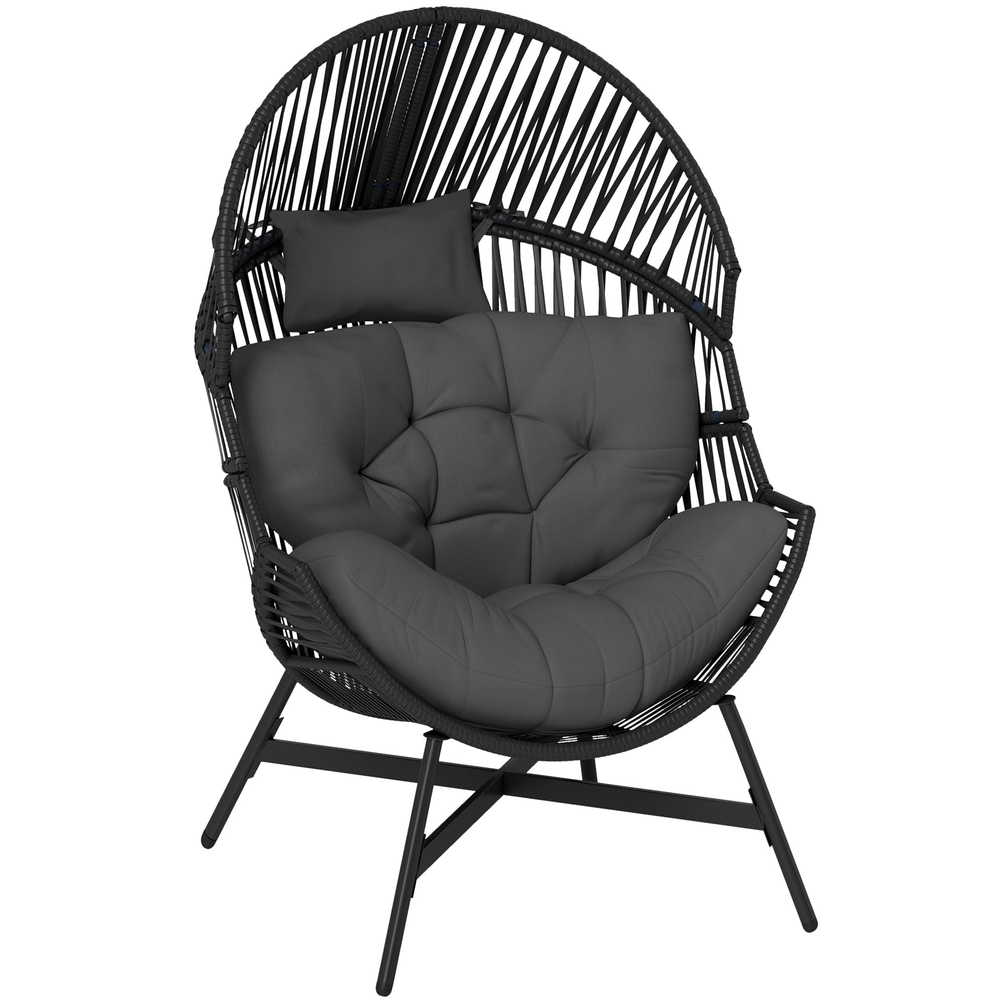Outsunny Rattan Egg Chair, Oversized Freestanding Garden Egg Chair with Thick Tufted Cushion, Headrest, Steel Frame for Indoor and Outdoor Use, Charcoal Grey