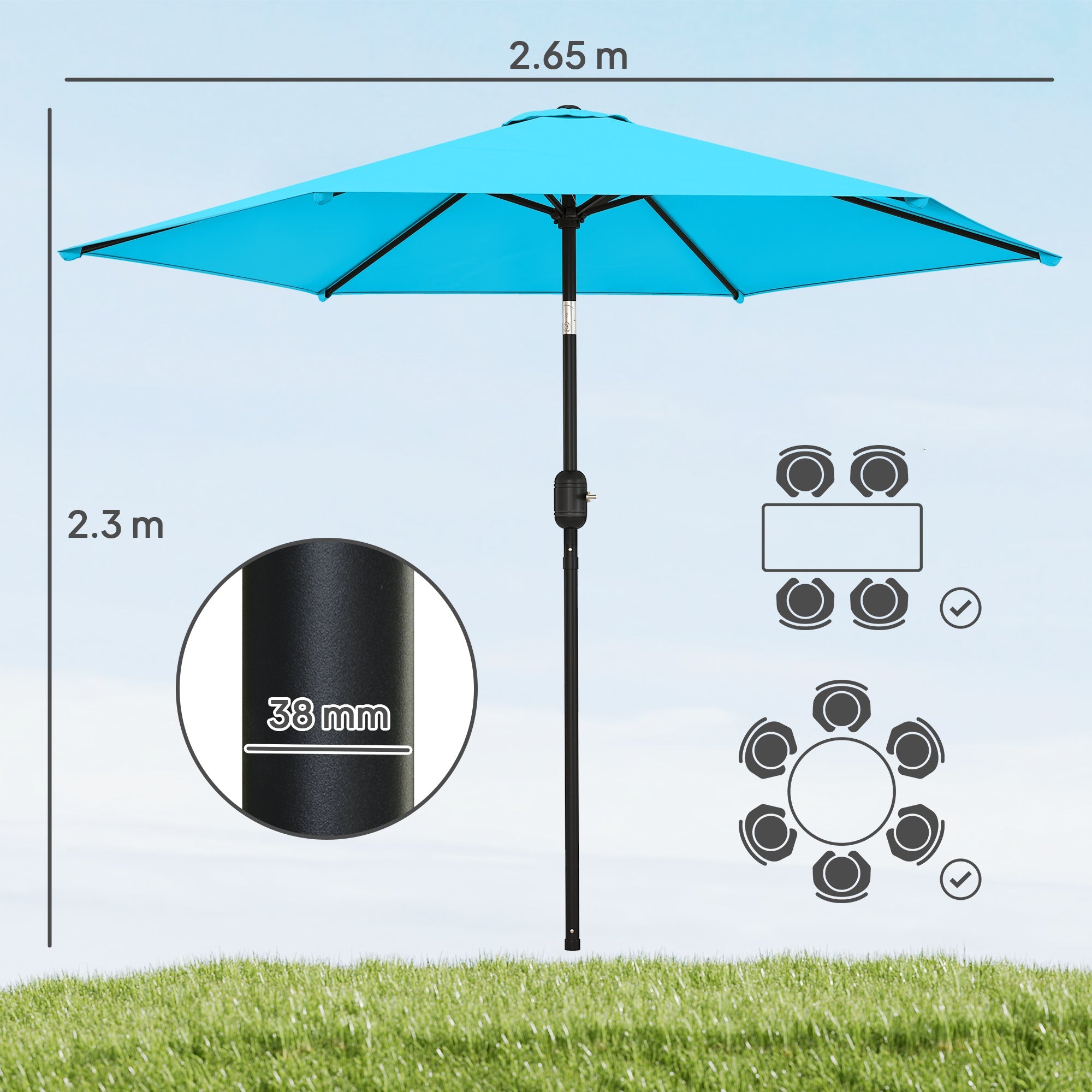 Outsunny 2.6 m Garden Parasol Umbrella with Aluminium Pole, Outdoor Patio Umbrella with Tilt and Crank, Vent, Blue