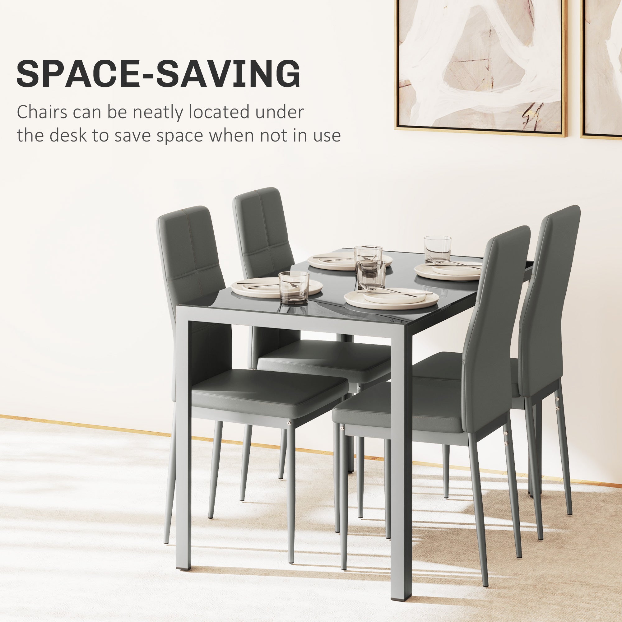 HOMCOM 5-Piece Kitchen Dining Table Set with 4 Faux Leather Metal Frame Chairs Glass Tabletop Desk for Dining Room, Kitchen, Dinette, Grey