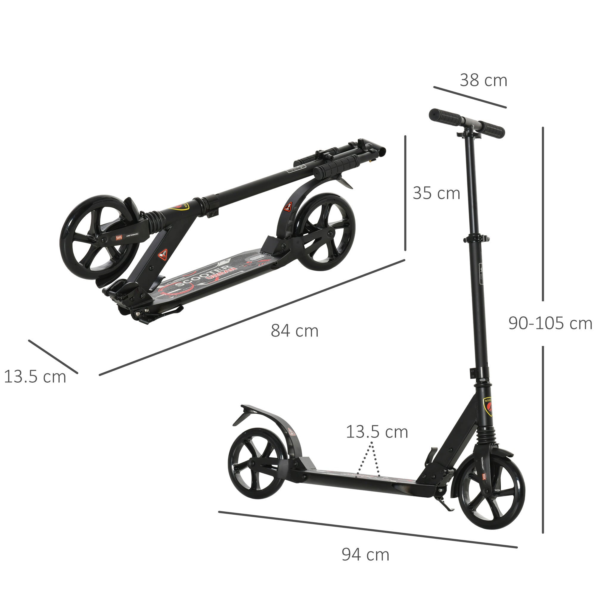 HOMCOM Folding Kick Scooter, Adjustable Ride On Scooter with 200mm Big Wheels and Double Shock Absorption, Urban Scooter for 14+ Teens Adult, Black