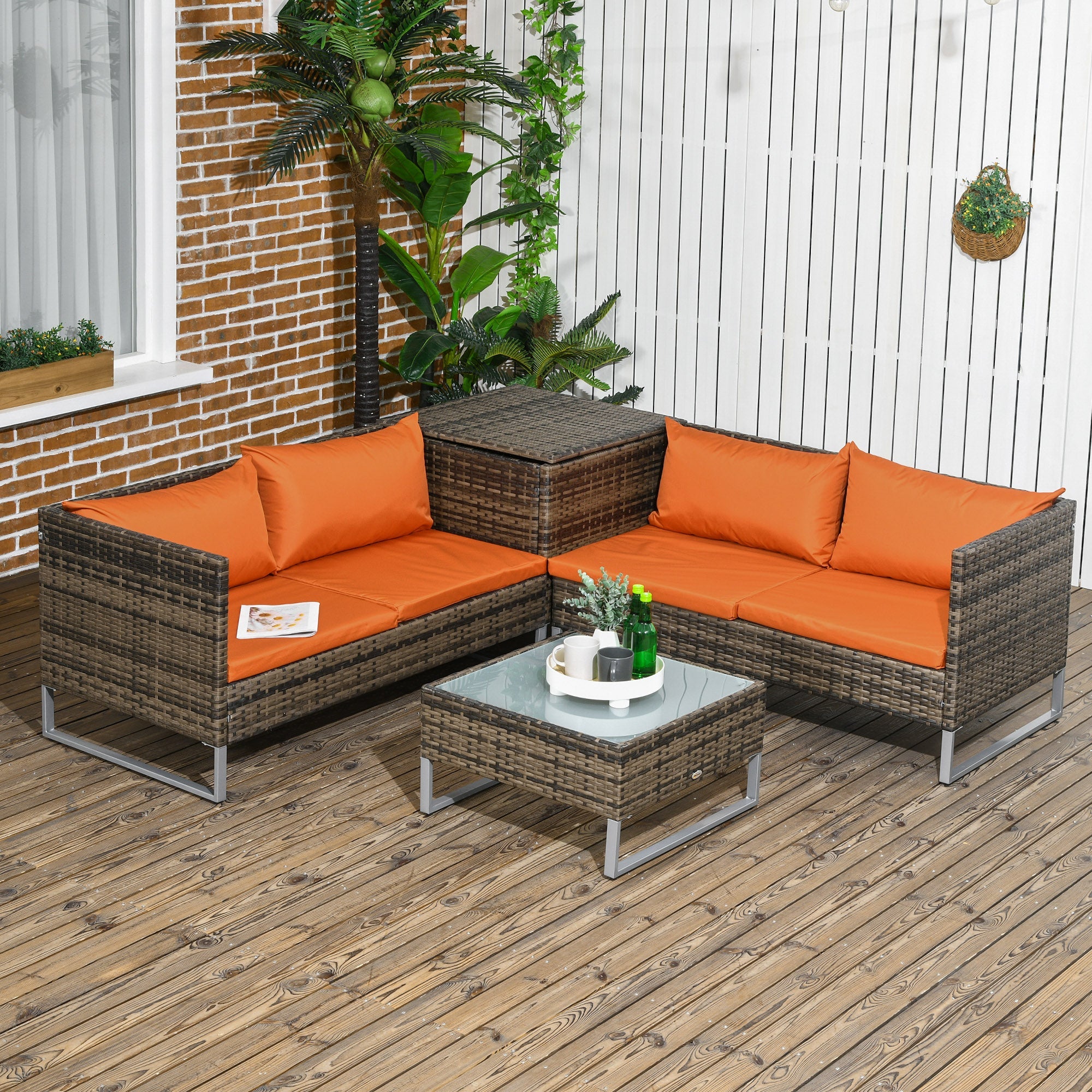 Outsunny 4 Piece Rattan Garden Furniture Set, Outdoor Corner Sofa Set with Storage Table, Loveseats, Cushions - Orange