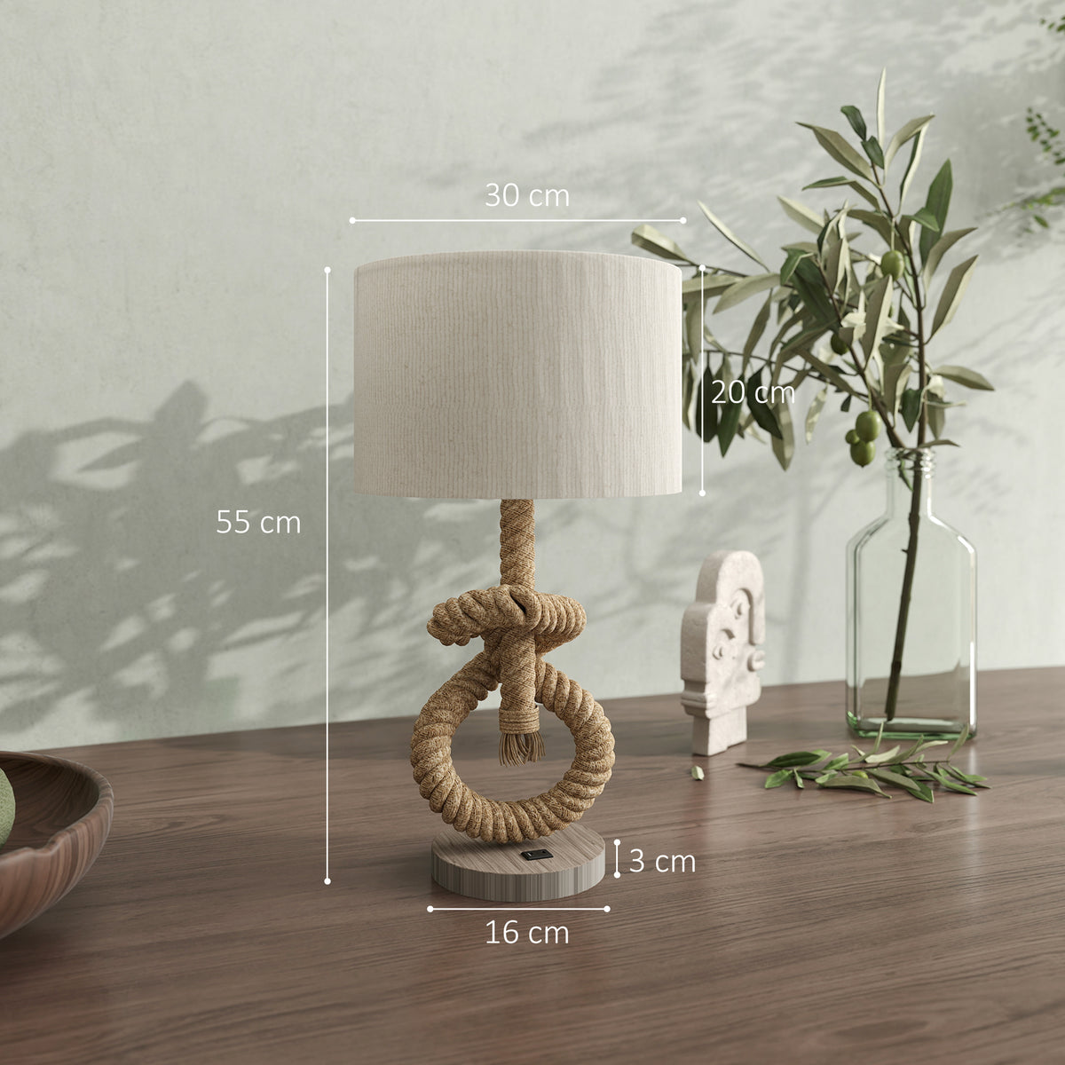 HOMCOM Nautical Table Lamps Set of 2 with USB Charging Port, Bedside Lamps for Bedroom Living Room, Warm White LED Bulb Included, with Hemp Rope, Natural