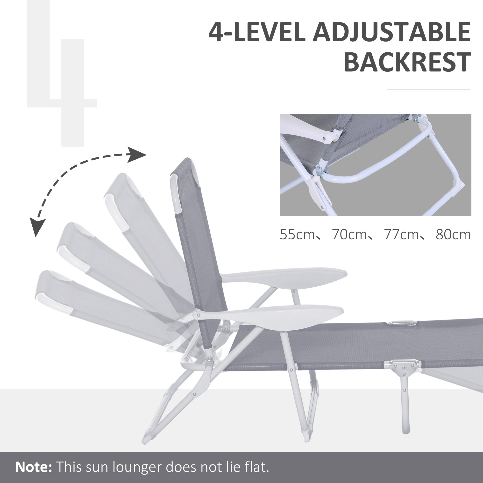 Outsunny Foldable Sun Lounger, Outdoor 4 Level Adjustable Backrest Reclining Lounge Chair with Armrests for Patio, Garden, Grey