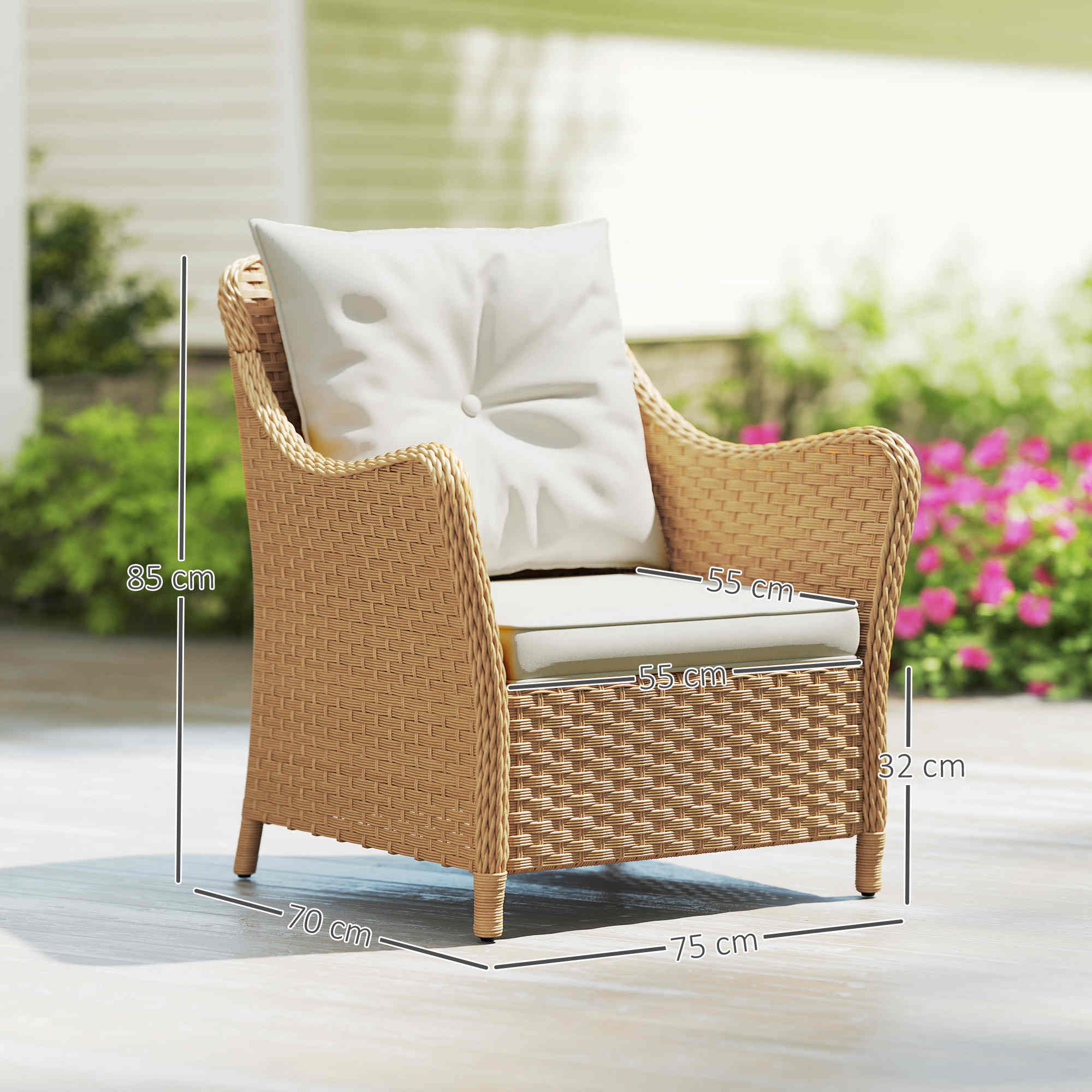 Outsunny Rattan Garden Chairs Set of 2, Outdoor Rattan Chairs with Cushions, Armrests and High Back, PE Wicker Garden Armchair with Steel Frame for Balcony, Porch, Beige