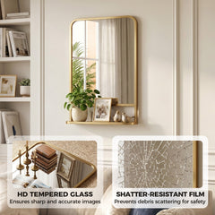 HOMCOM Modern Rectangular Wall Mirror with Storage Shelf, 70 x 50 cm, Gold Tone