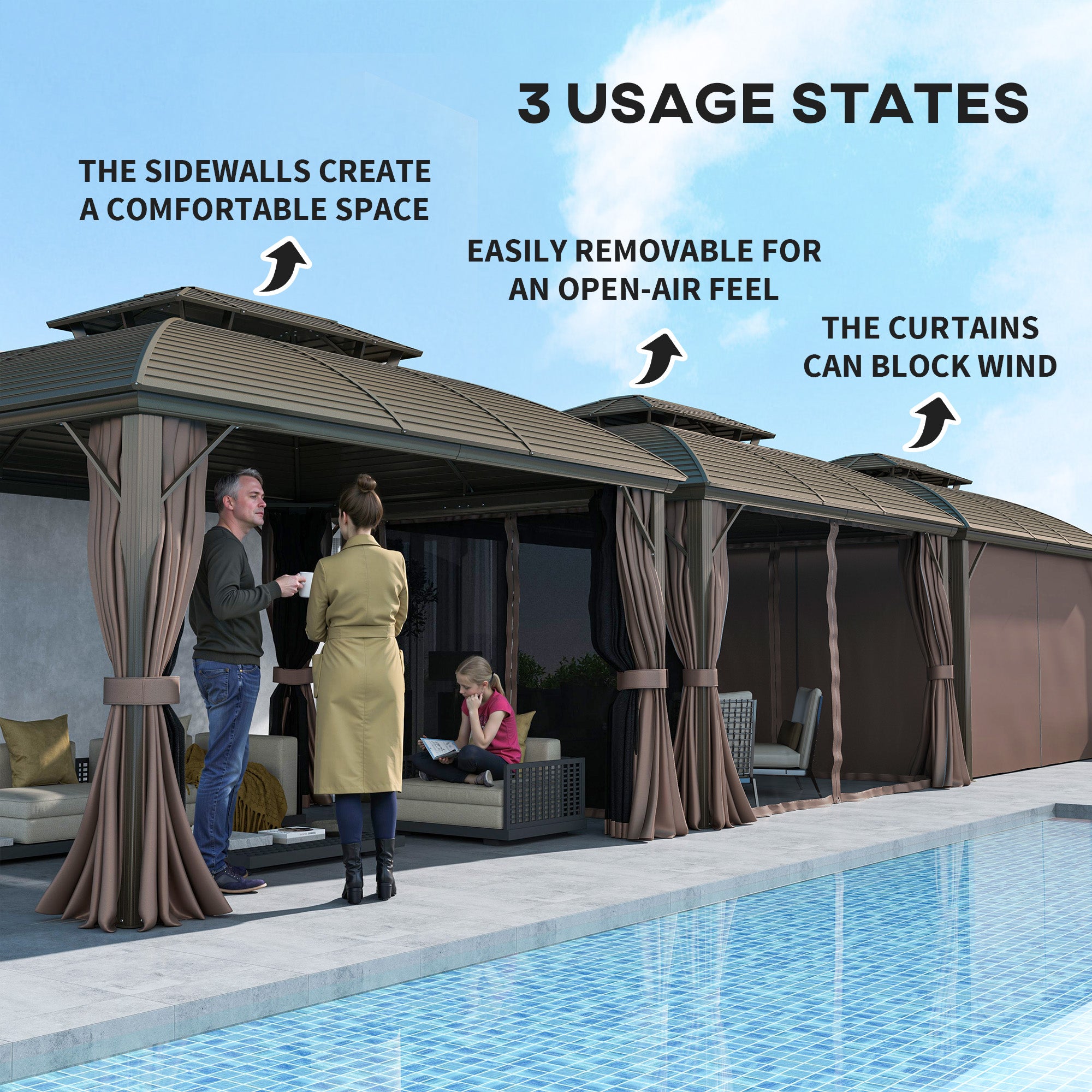 Outsunny 3.65 x 3(m) Hardtop Steel Gazebo Canopy with Aluminium Frame, Double Roof, Net Sidewalls and Curtains, Coffee