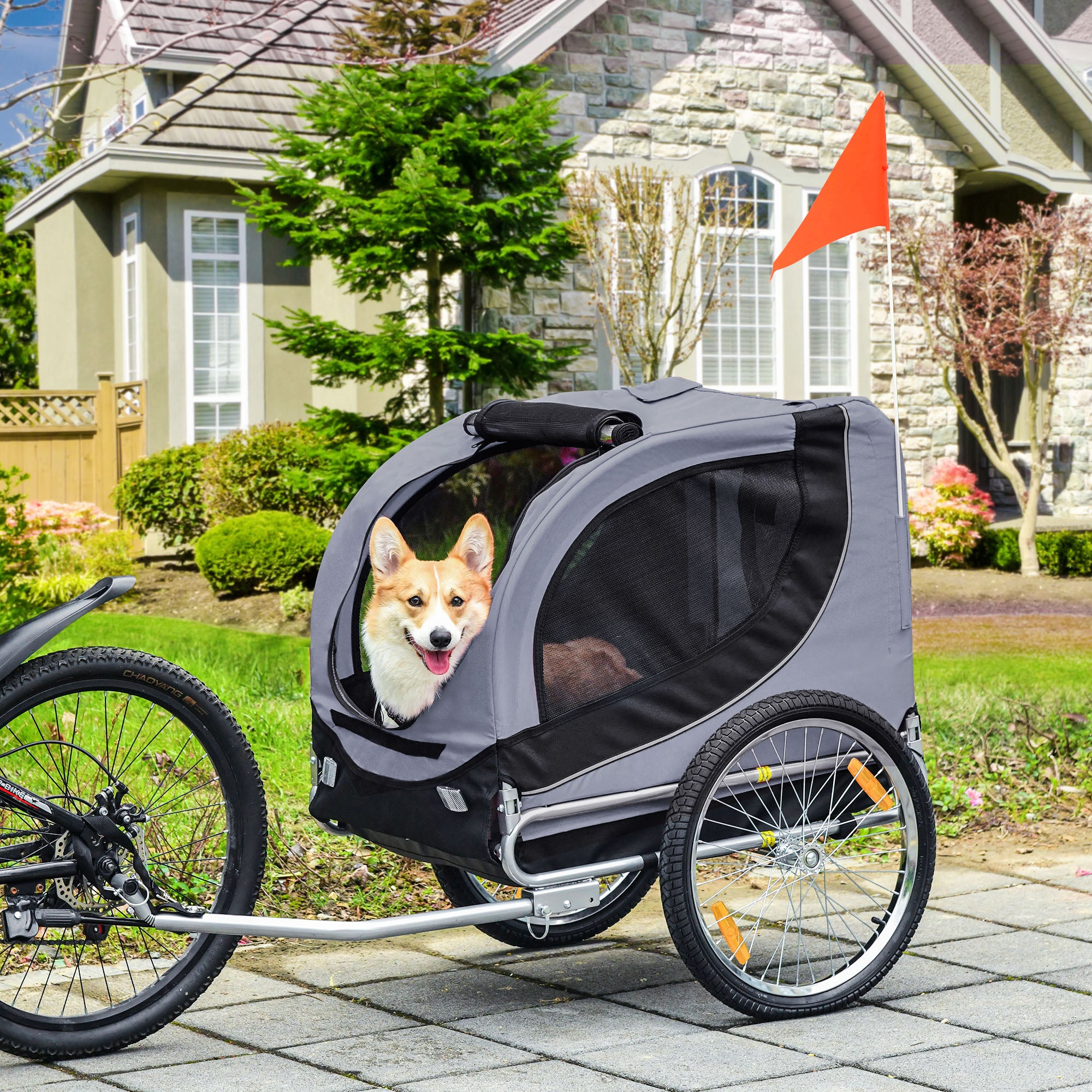 PawHut Steel Dog Bike Trailer Pet Cart Carrier for Bicycle Kit Water Resistant with Hitch Coupler Travel Grey and Black
