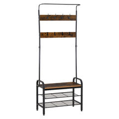 HOMCOM Coat Rack Stand Industrial hallway Shoe Rack Removable Hooks Metal Wood Hangers Storage Cabinet Rustic Brown 72L x 34W x 185H(cm)