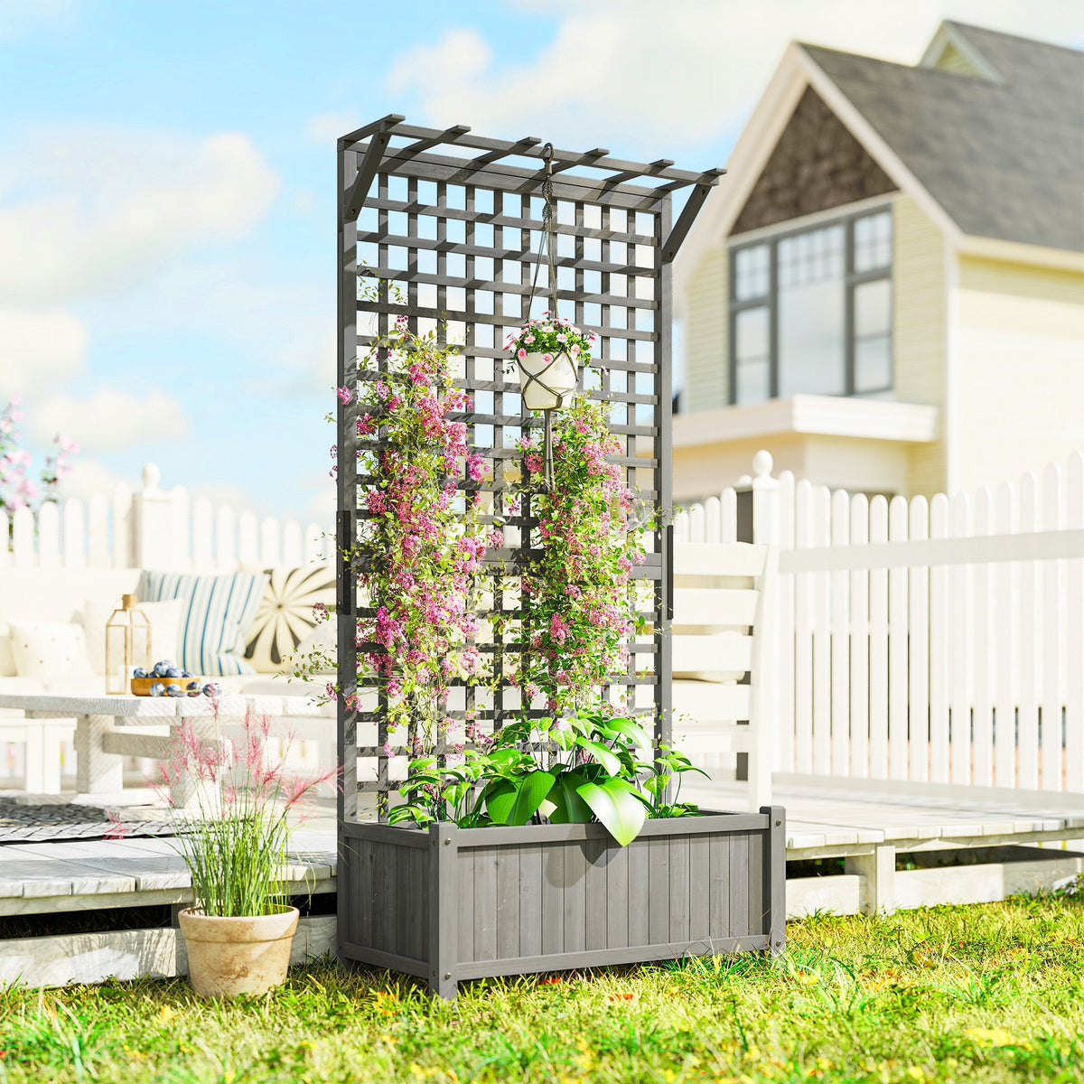 Outsunny Raised Bed with Drainage Holes, Wood Planter with Trellis for Climbing Plants, Dark Grey