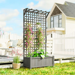 Outsunny Raised Bed with Drainage Holes, Wood Planter with Trellis for Climbing Plants, Dark Grey
