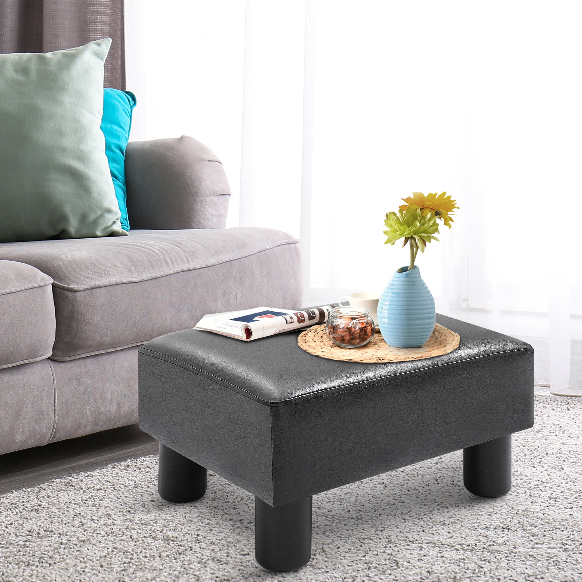 HOMCOM Faux Leather Footstool, Small Foot Rest, Rectangle Sofa Stool for Bedroom Living Room, Black