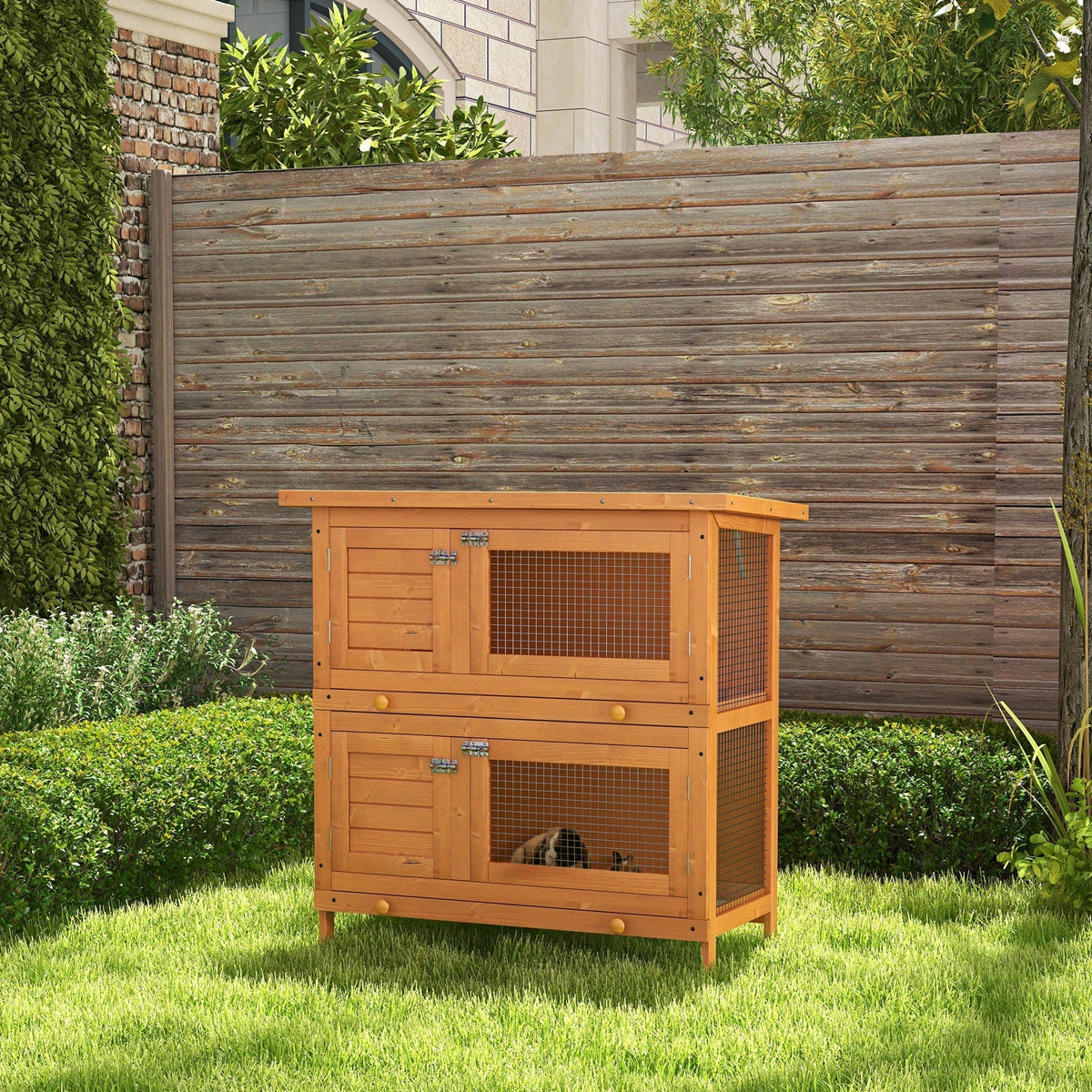 PawHut Double Tier Rabbit Hutch Large 2-Tier Wooden Hutch for Rabbits & Guinea Pigs, Pet Lovers Choice, Natural