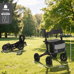 HOMCOM Folding Rollator Walker with Padded Seat, Backrest, Lightweight Walking Frame with Storage Bag, Dual Brakes, All-terrain Wheels, Adjustable Handle Height, 4 Wheeled Walker for Seniors, Black