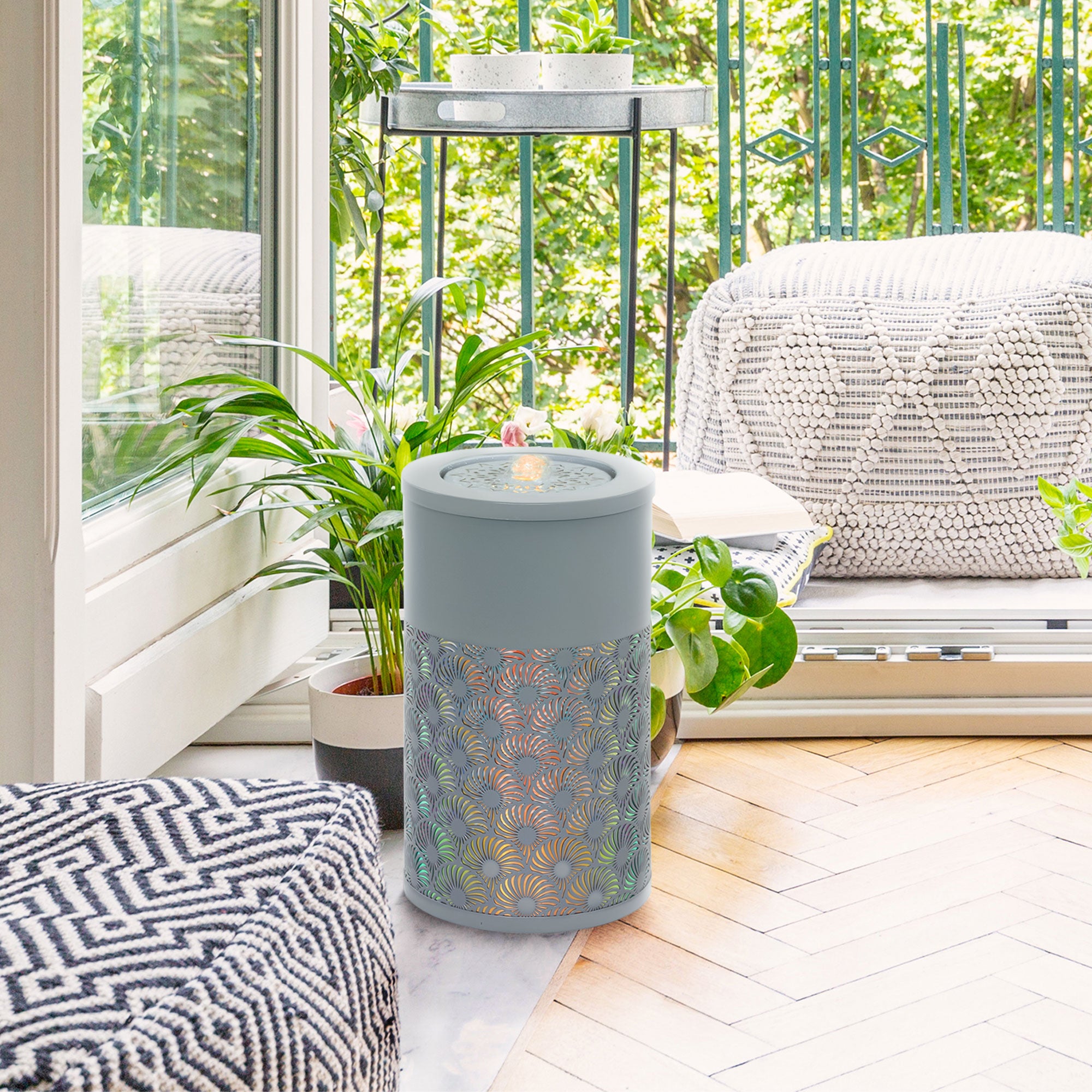 Outsunny 30 cm Tall Garden Waterfall Fountain with LED Lights and Pump, Garden Water Feature Water Fountain with Adjustable Flow and Cut-out Design for Indoor and Outdoor Decor, Light Grey