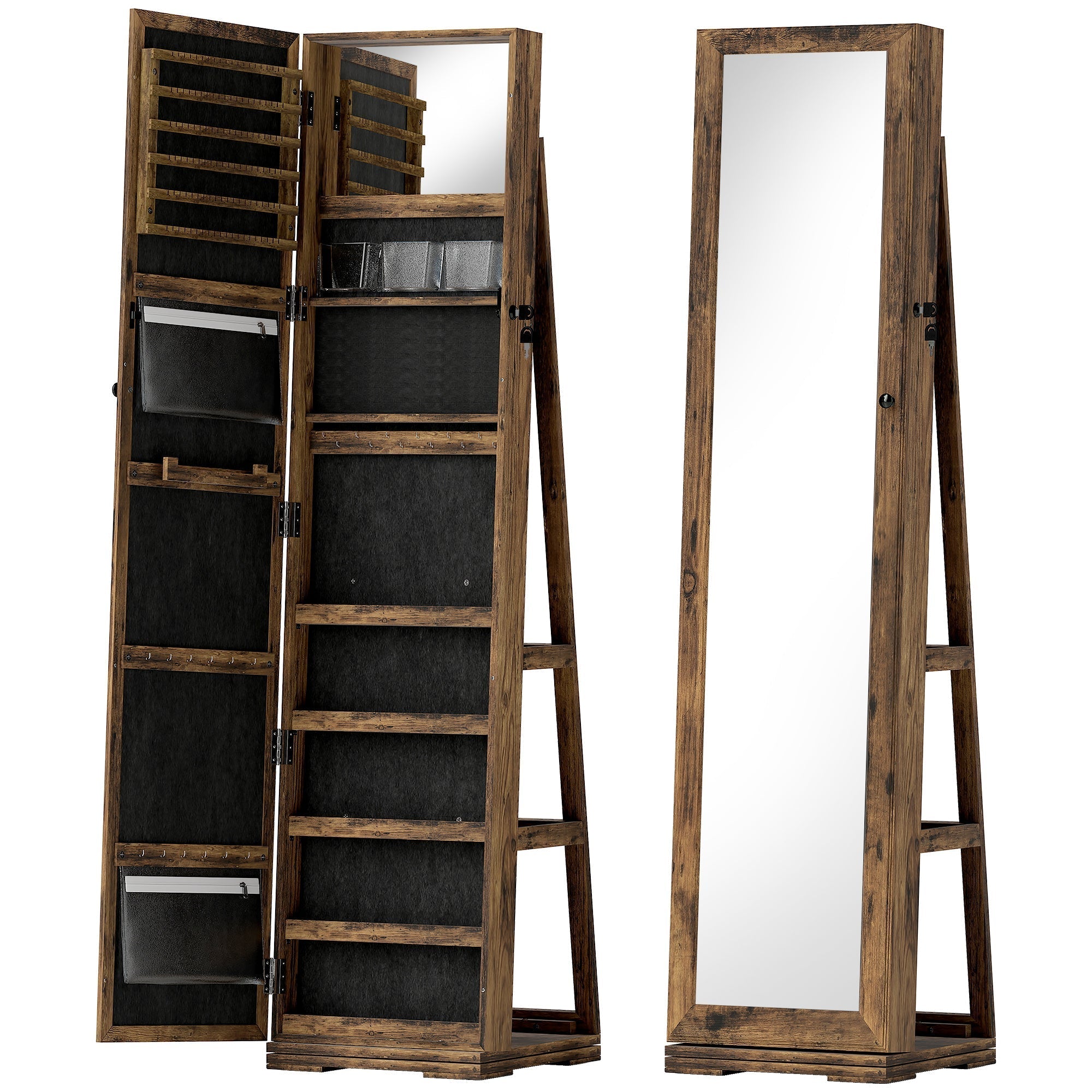 HOMCOM 360  Swivel Jewellery Cabinet, Free Standing Full Length Mirror with Storage, Lockable Jewellery Organiser with Built-in Makeup Mirror and Storage Shelves for Bedroom, Rustic Brown