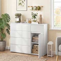 HOMCOM Modern Chest Of Drawers, 5 Drawer Dresser with Adjustable Shelf, Soft-Close Door, White
