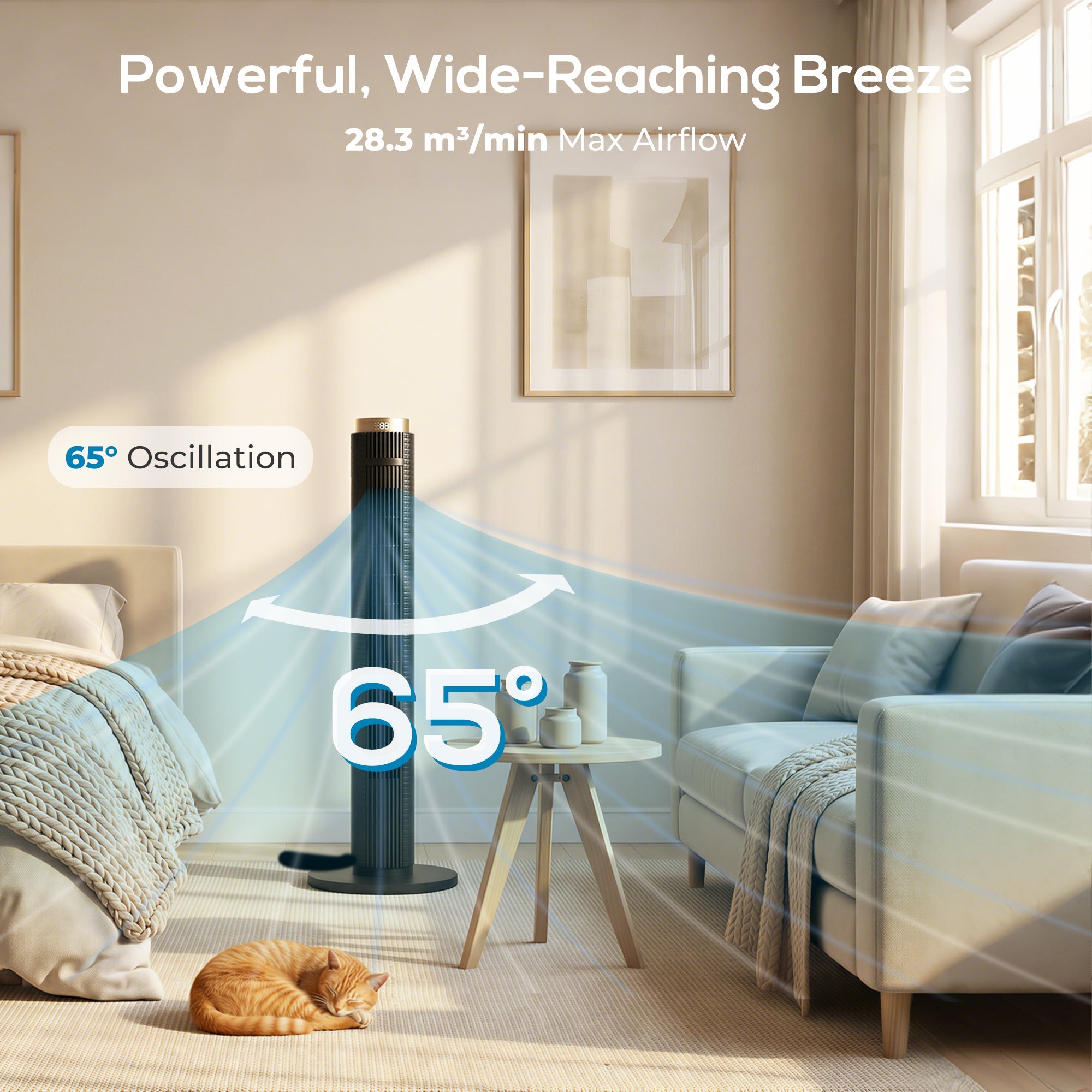 HOMCOM Tower Fan with WiFi App Control, Standing Floor Fan with 3 Speed 4 Modes, 12 Hour Timer and Night Light Black