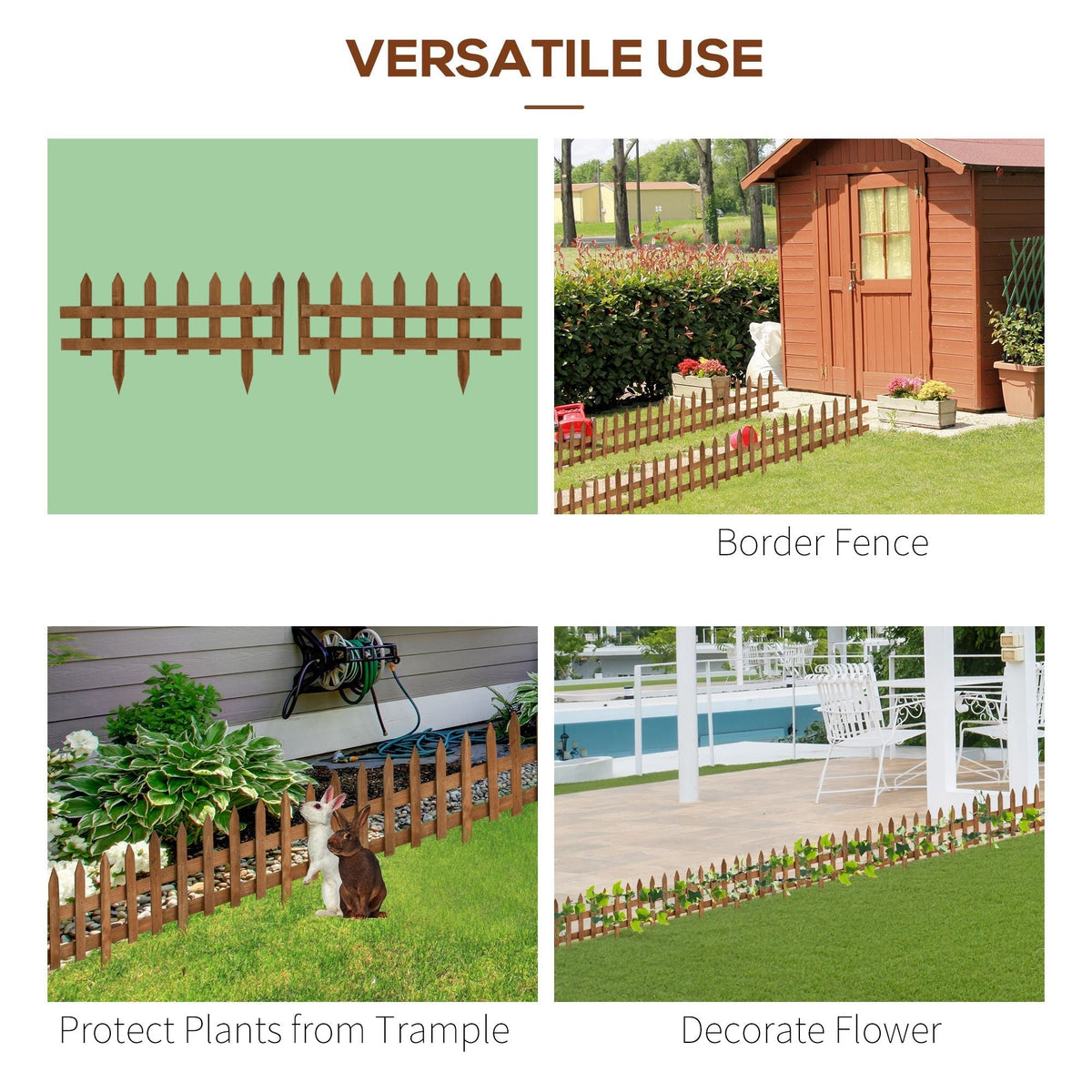Outsunny Pack of 24 Wooden Border Fences, Garden Fixed Picket Fence for Lawn Edging, Flowerbed, 60L x 1D x 34H cm, Brown