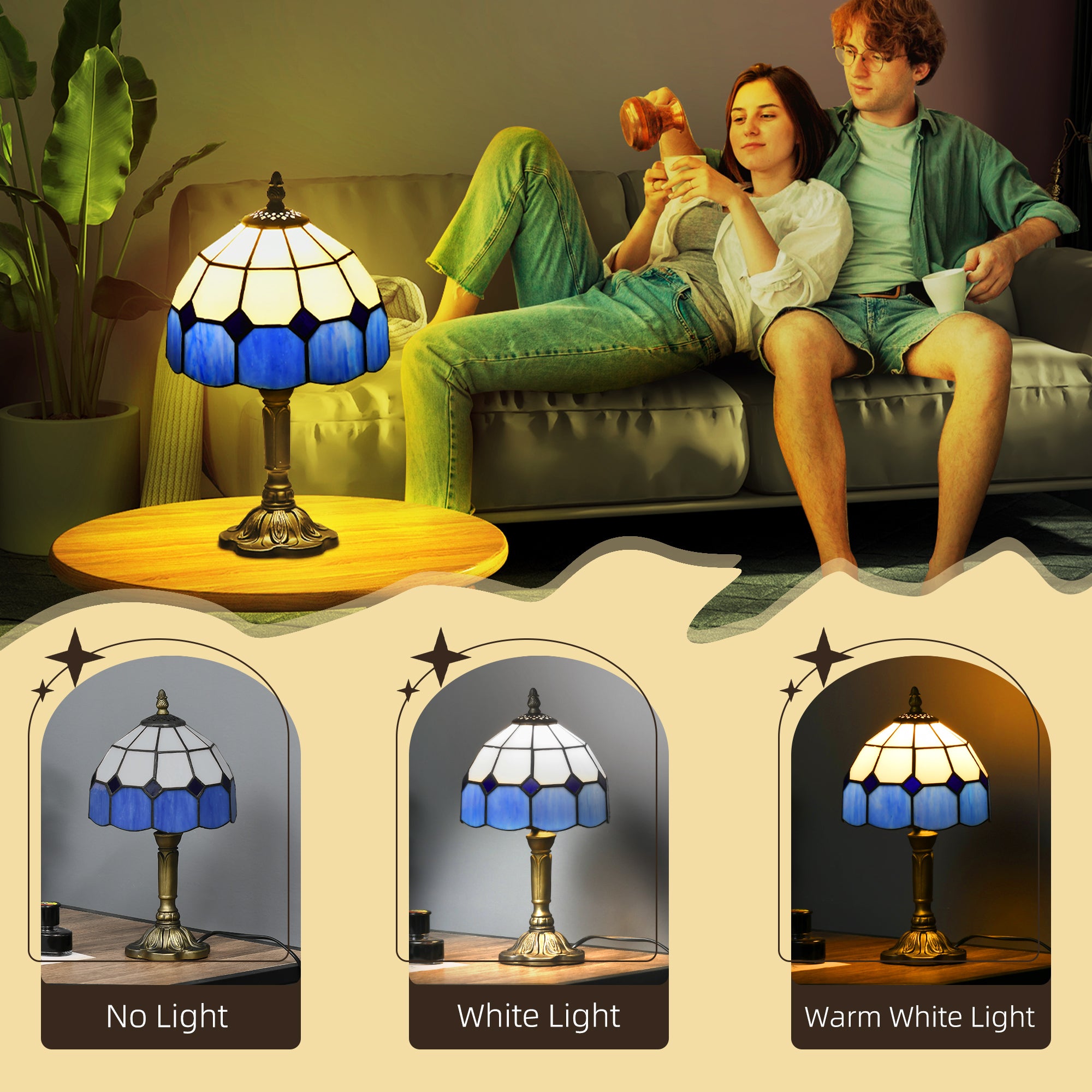 HOMCOM Handmade Stained Glass Table Lamp, Antique Bedside Lamp for Bedroom, Living room, Home, Nightstand, Decorative Night Light, Blue