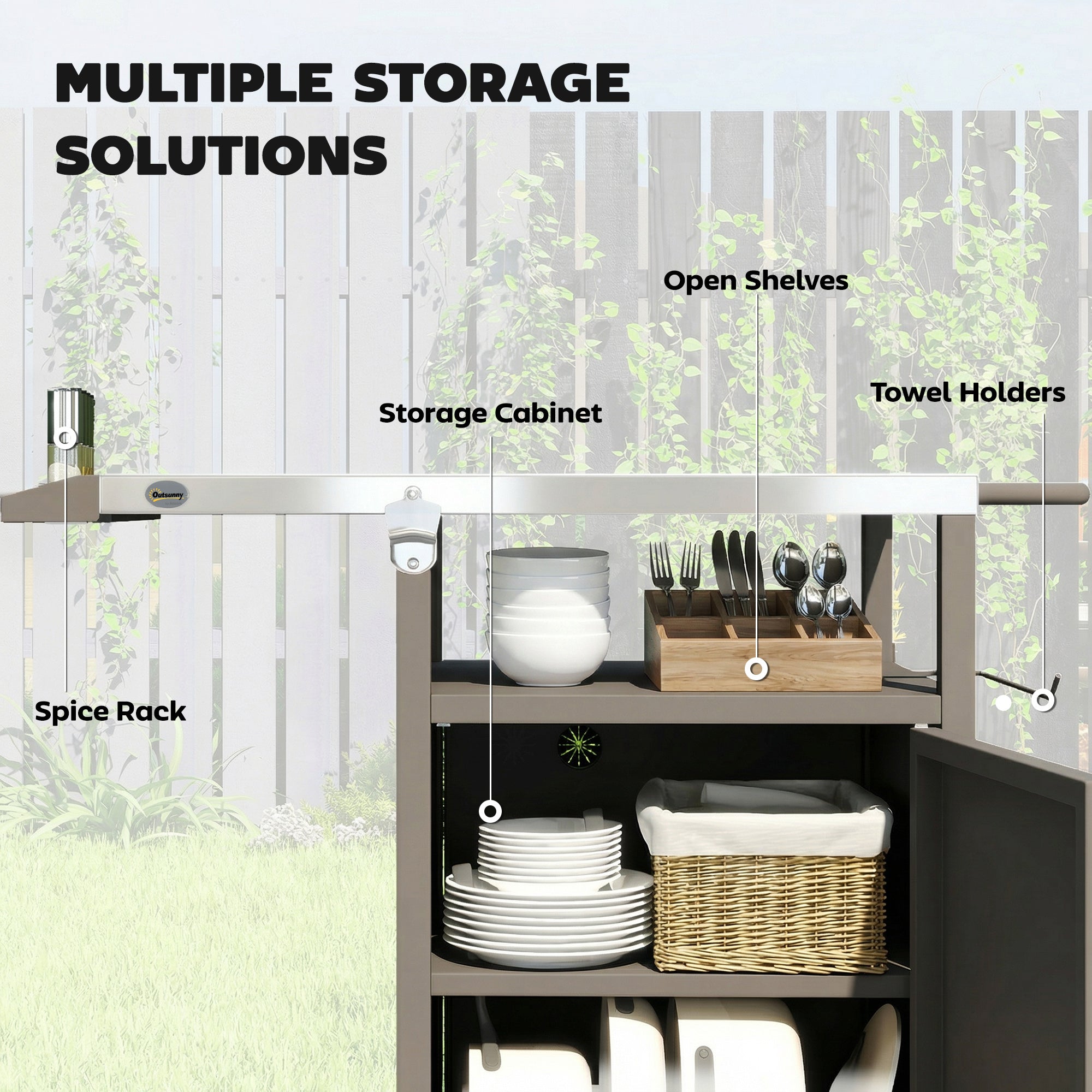 Outsunny Grill Cart with Stainless Steel Top, Pizza Oven Stand with Cabinet, Spice Rack, Towel Holder, Bottle Opener, Brown