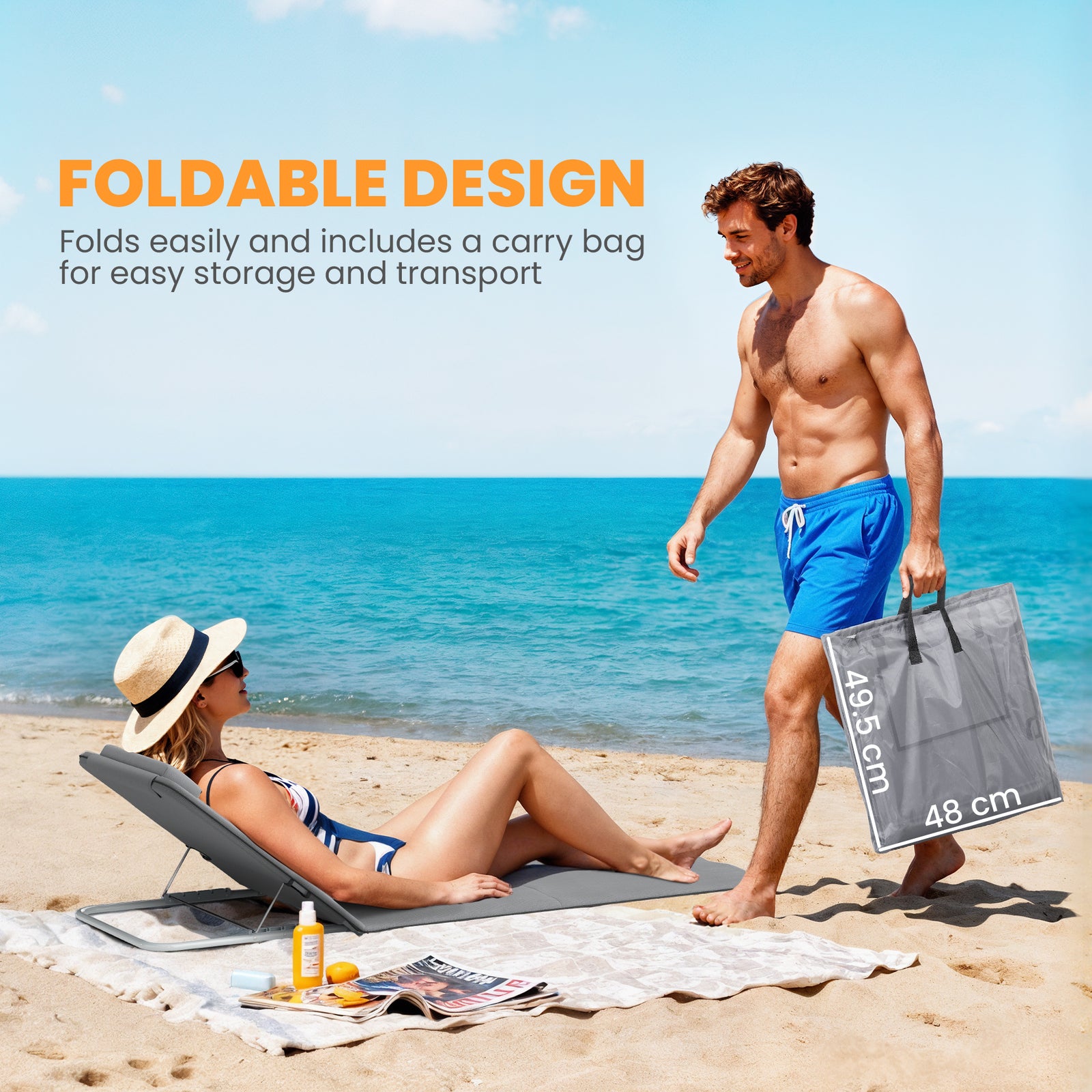 Outsunny Set of 2 Foldable Garden Beach Chair Mat Lightweight Outdoor Sun Lounger Seats Adjustable Back Metal Frame PE Fabric Head Pillow w/ Carry Bag,Grey