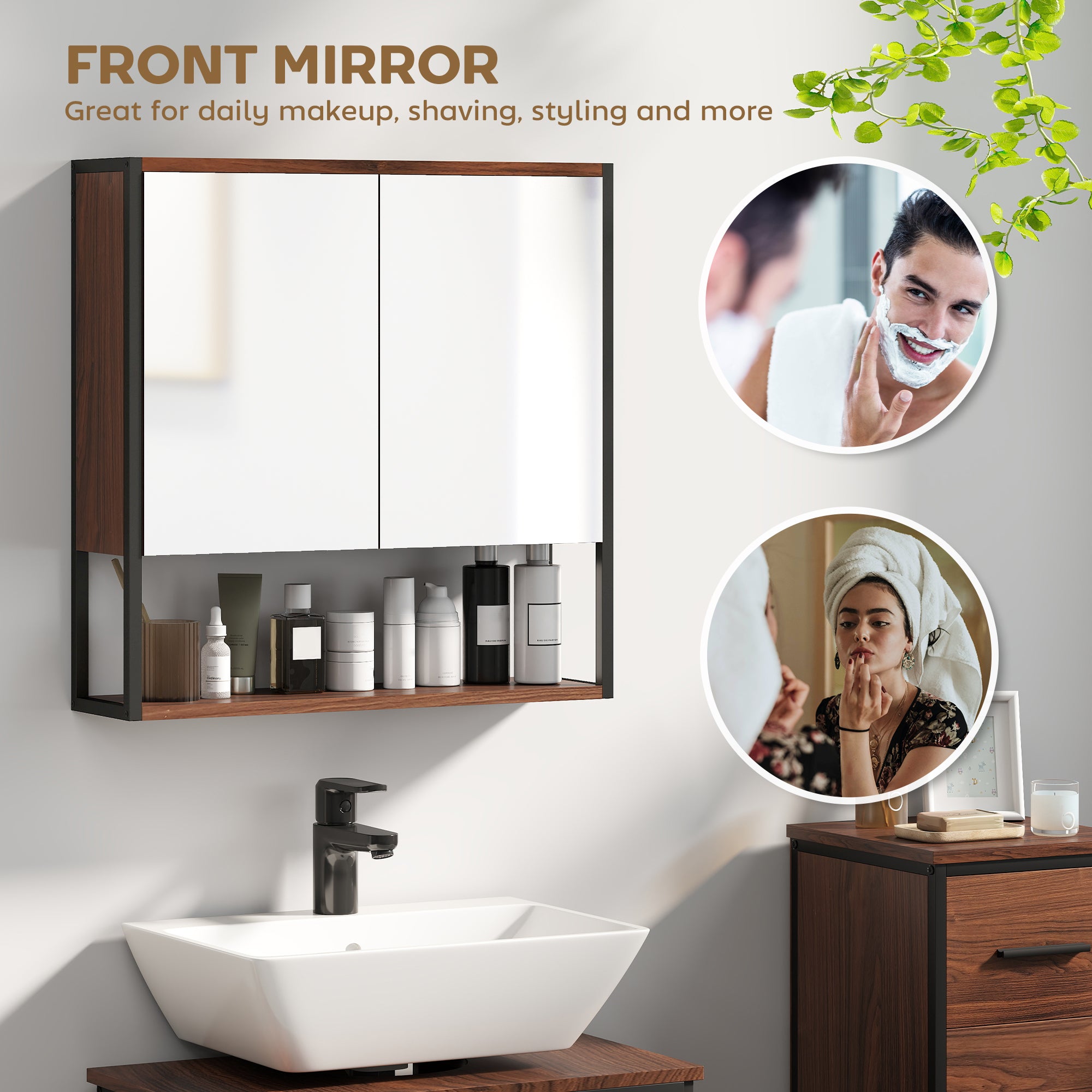 HOMCOM Bathroom Mirror Cabinet with Soft-Close Doors and Adjustable Shelf - Natural Wood Finish