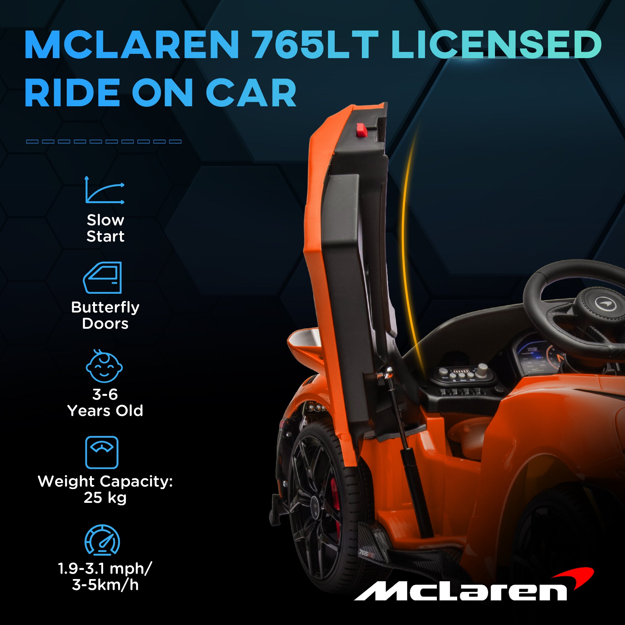 AIYAPLAY McLaren 765LT Licensed 12V Kids Electric Ride on Car with Butterfly Doors, Remote Control, Transport Wheels, Orange