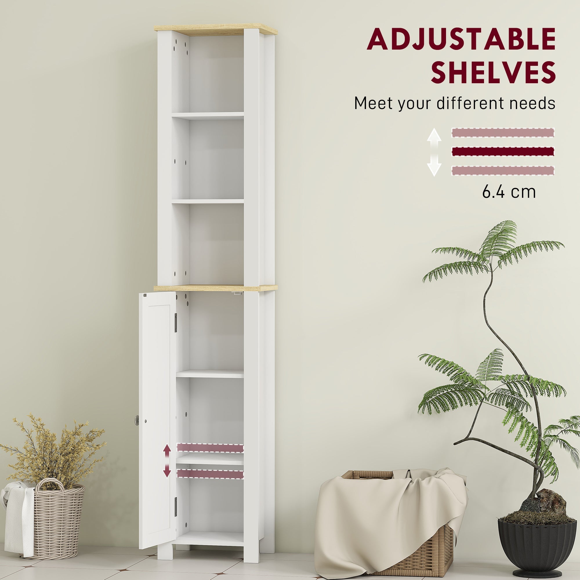 kleankin Slim Bathroom Storage Unit with Open Compartment, Bathroom Storage Cabinet with Adjustable Shelf, 34 x 23 x 165 cm, White