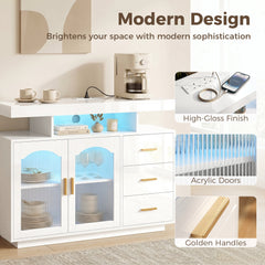 HOMCOM High Gloss Sideboard with LED Lights, Built-in Power Outlets, 3 Drawers, Shelves and 2 Acrylic Doors, White