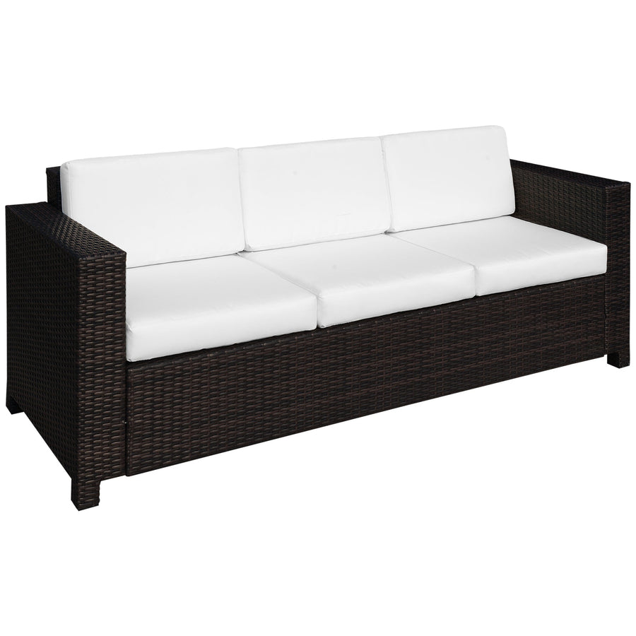 Outsunny 3 Seater Rattan Sofa, All-Weather Wicker Weave Metal Frame Chair with Fire Resistant Cushion, Brown