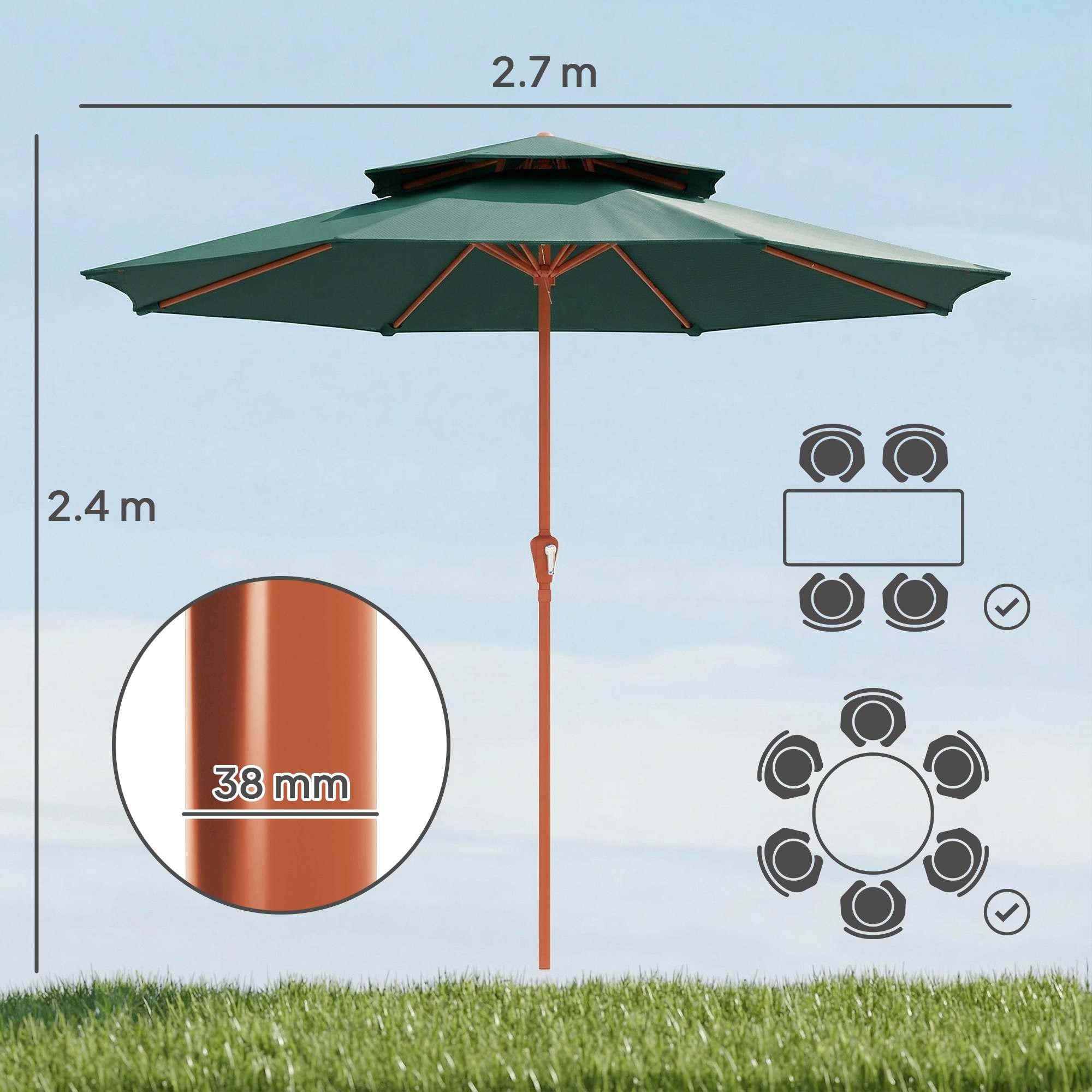 Outsunny 2.7 m Garden Parasol with Double Top Outdoor Market Table Umbrella with Crank System, Green