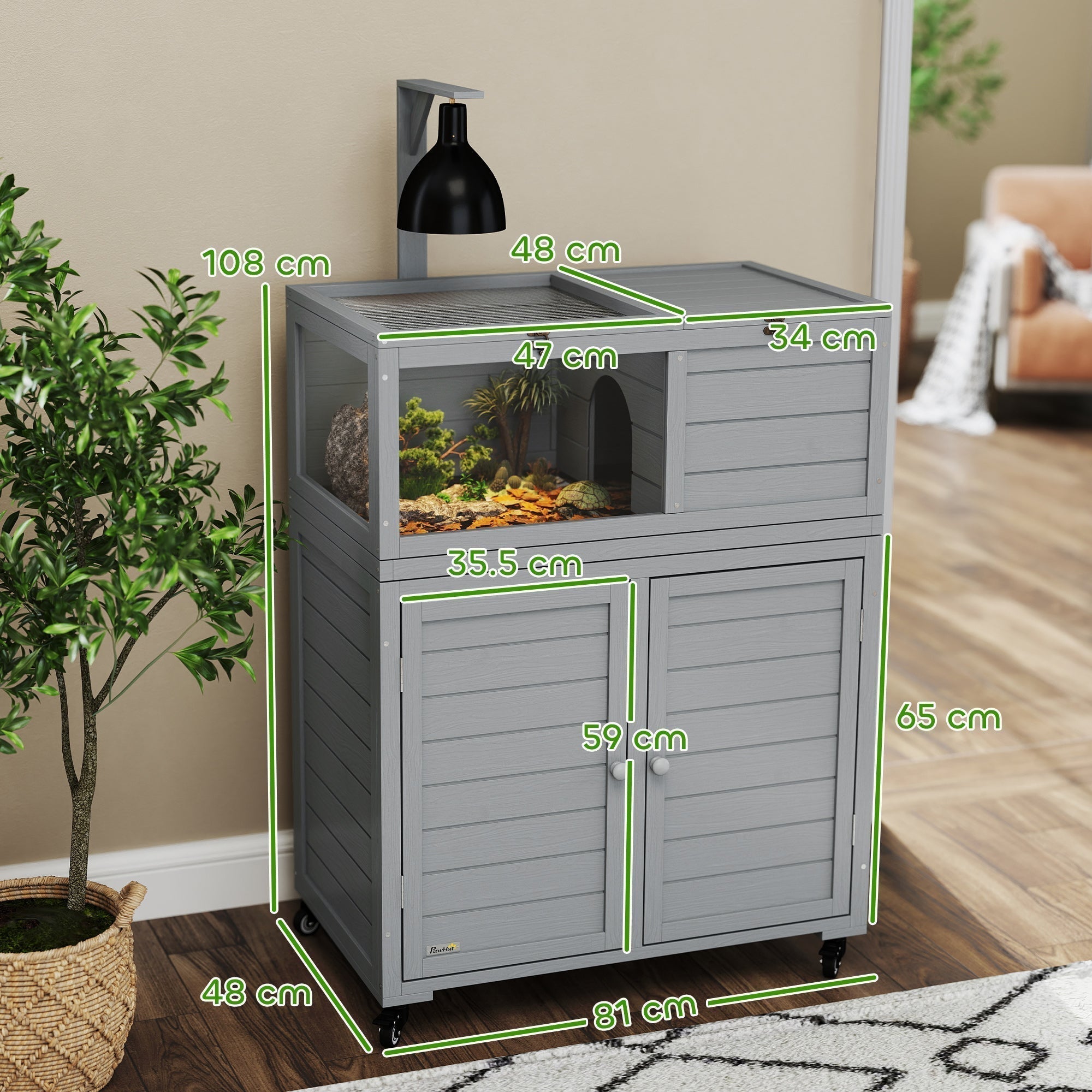PawHut Wooden Tortoise House with Storage Cabinet, Openable Top, Lamp Holder, Windows, Light Grey