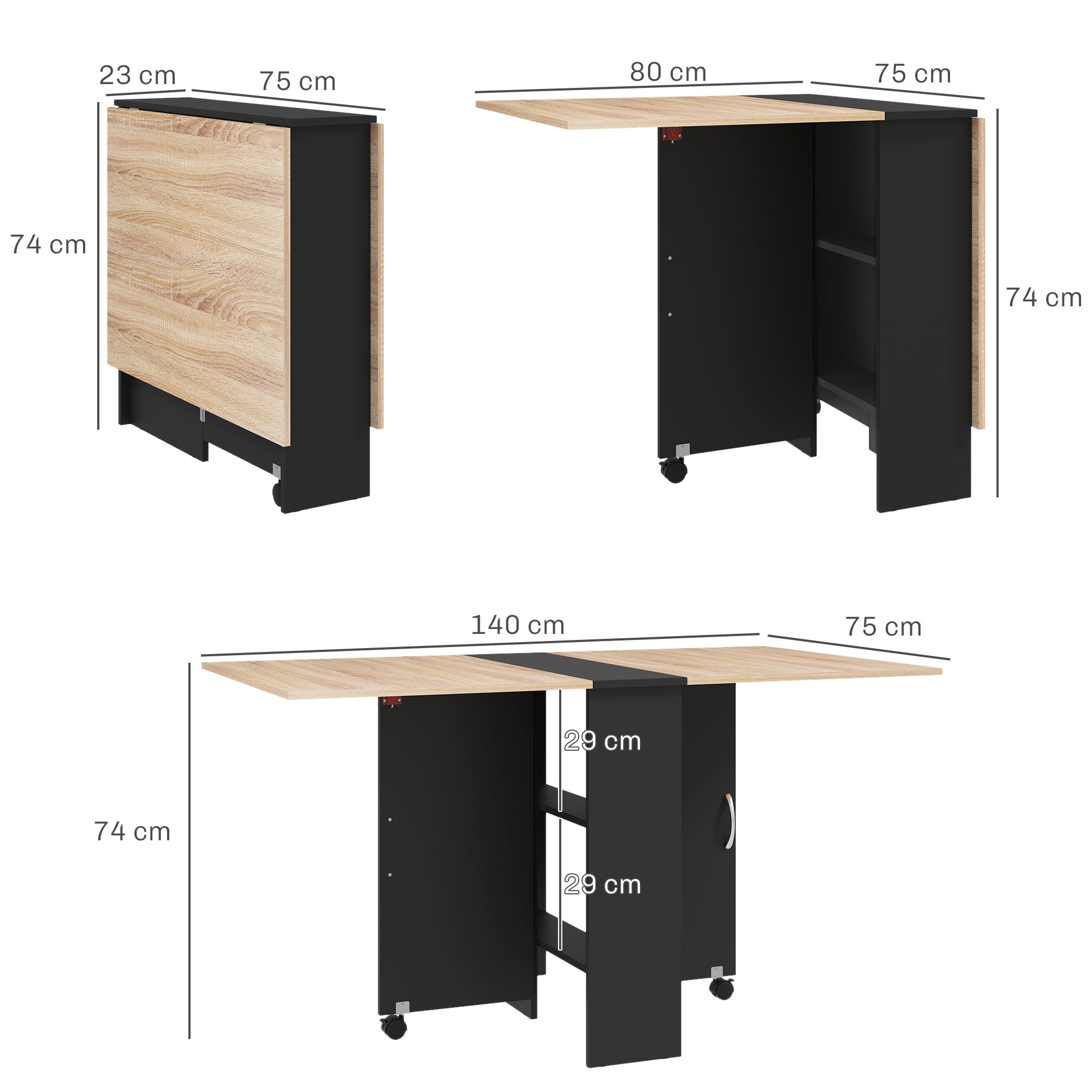 HOMCOM Folding Dining Table, Drop Leaf Table with 2-Tier Shelves, Rolling Casters, for Small Spaces, Kitchen, Oak and Black