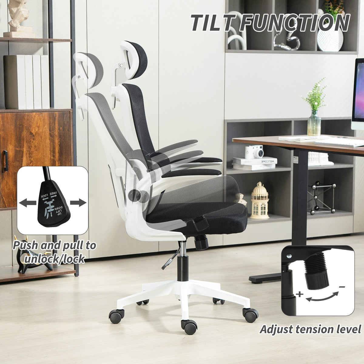 Vinsetto Ergonomic Office Chair, High Back Mesh Computer Desk Chair with Adjustable Headrest and Lumbar Support, Rotatable Armrests, Tilt Function for Home Office, Black