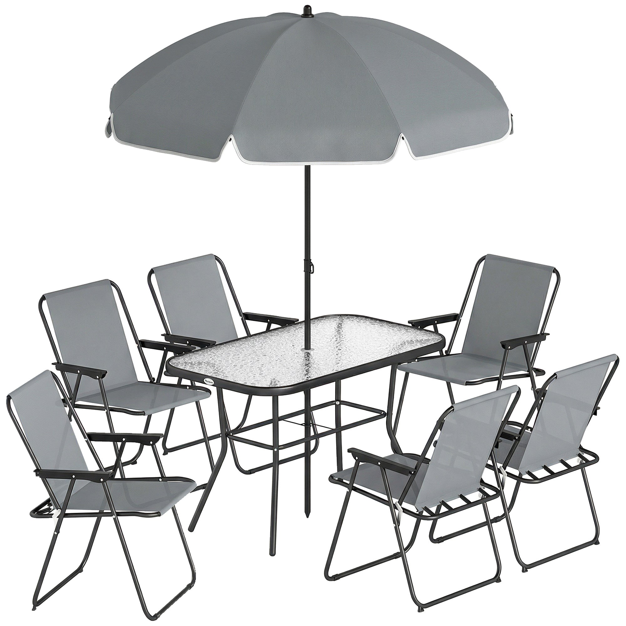 Outsunny 8 Piece Garden Dining Set with Umbrella, Garden Furniture Set with 6 Folding Chairs, Tempered Glass Table for Patio Grey