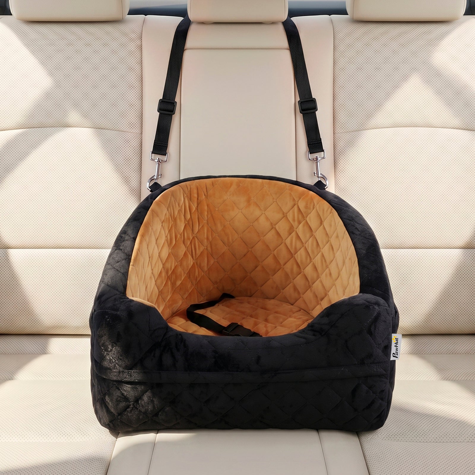 PawHut Dog Car Seat, Detachable Washable Dog Booster Seat with Thick Cushion, Seat Belt, Pockets for Small Under 10kg, Brown