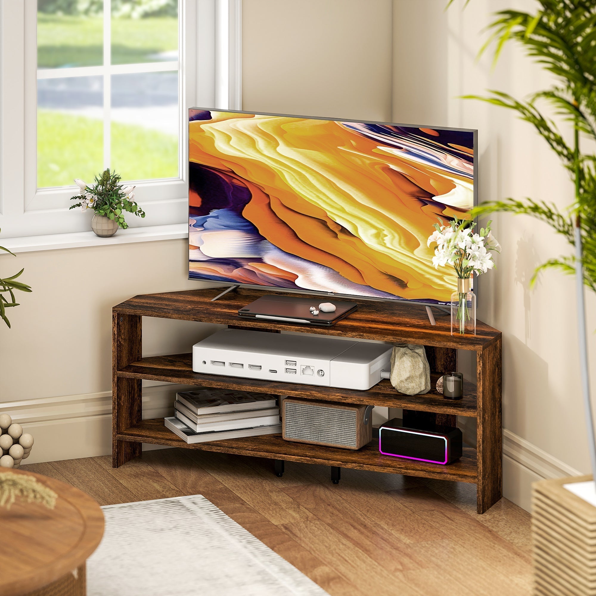 HOMCOM Corner TV Stand with 2 Open Shelves for 47 Inch TV - Rustic Brown