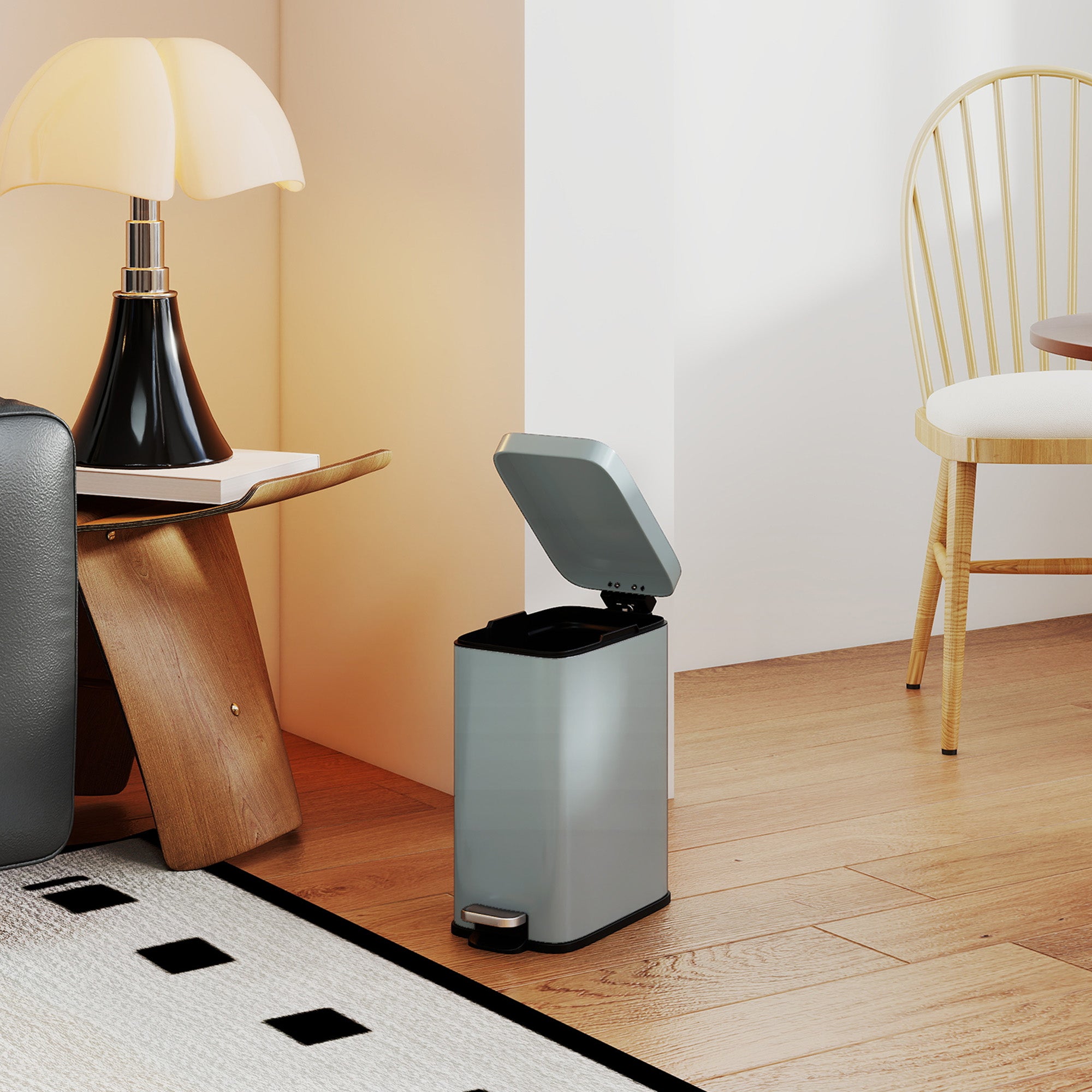 HOMCOM 5L Rectangular Compact Bin Steel Body Removable Bucket Quiet-Close Lid w/ Pedal Lid Rubbish Trash Can Home Office Bedroom Bathroom Living Room Garbage Tidy Clean Grey