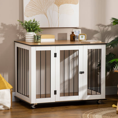 PawHut Dog Crate Furniture with Wheels, Dog Cage End Table for Medium Dogs, with Lockable Door, White, 106W x 60D x 82H