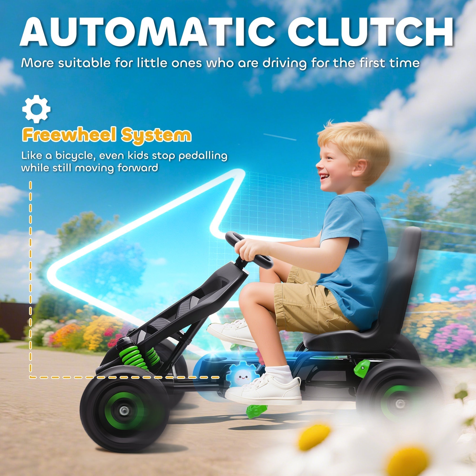 AIYAPLAY Pedal Go Kart for Kids Aged 3-6 Years, with Freewheel System, Brake, EVA Anti-Slip Wheels, Green