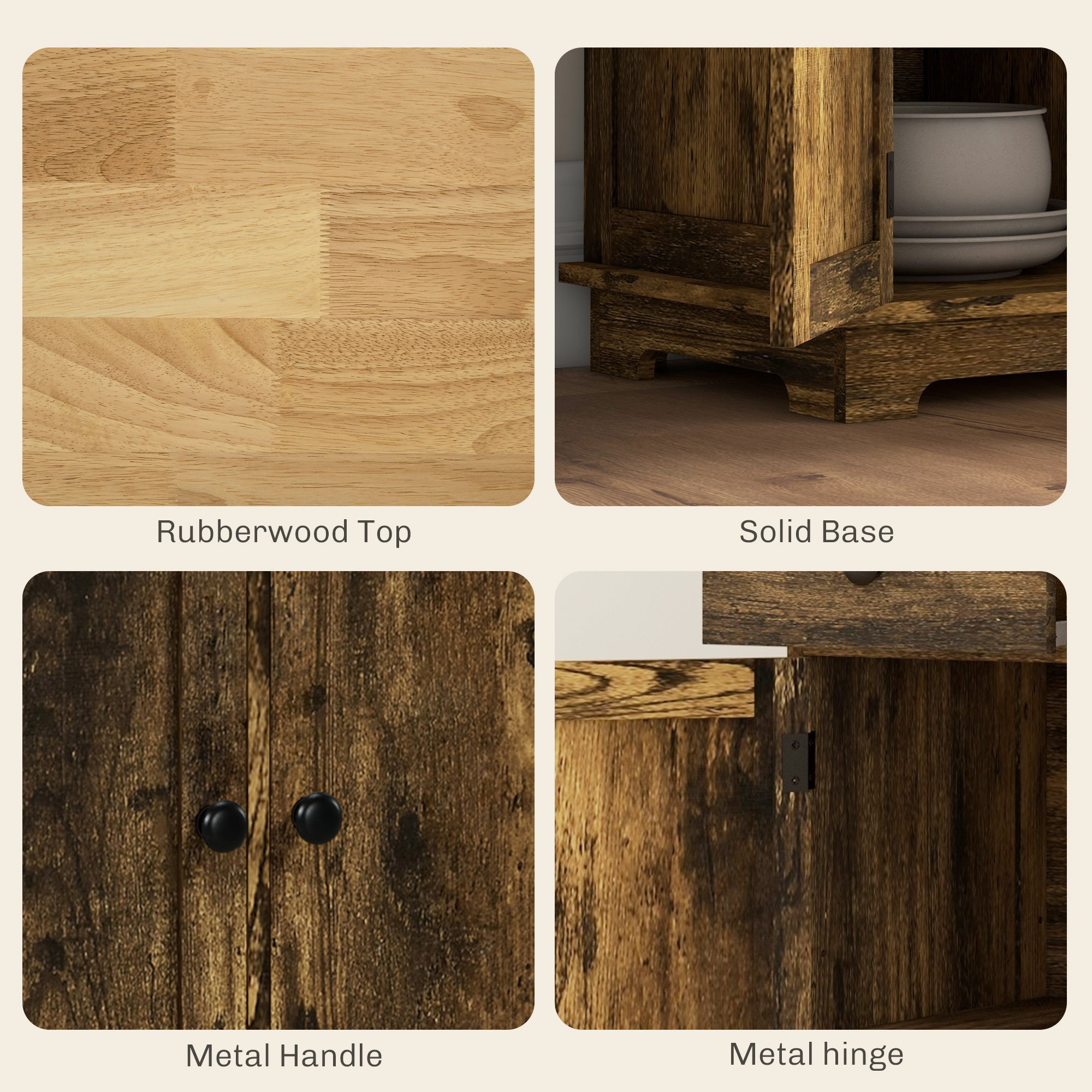 HOMCOM Sideboard with Rubberwood Top and Adjustable Shelves for Dining Room, Kitchen - Rustic Brown