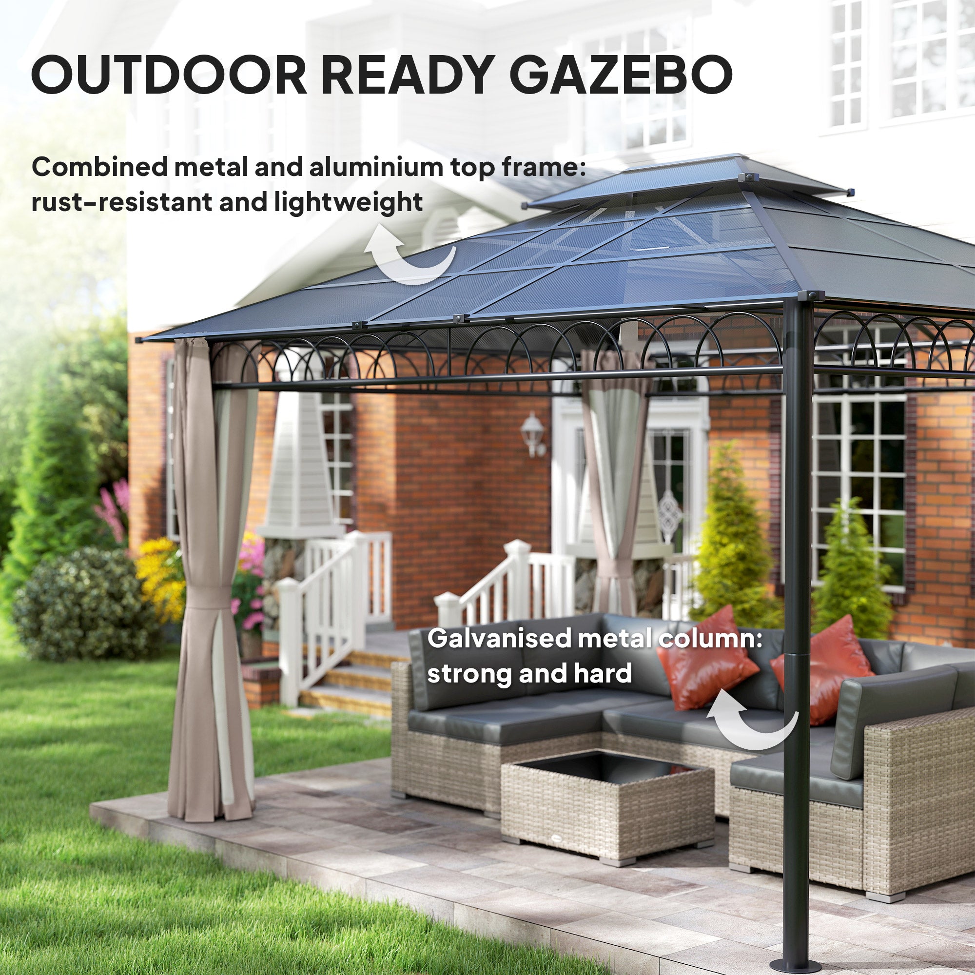 Outsunny 3.6 x 3 (m) Outdoor Polycarbonate Gazebo, Double√Ç Roof Hard Top Gazebo with Nettings√Ç &√Ç Curtains for Garden, Lawn, Patio