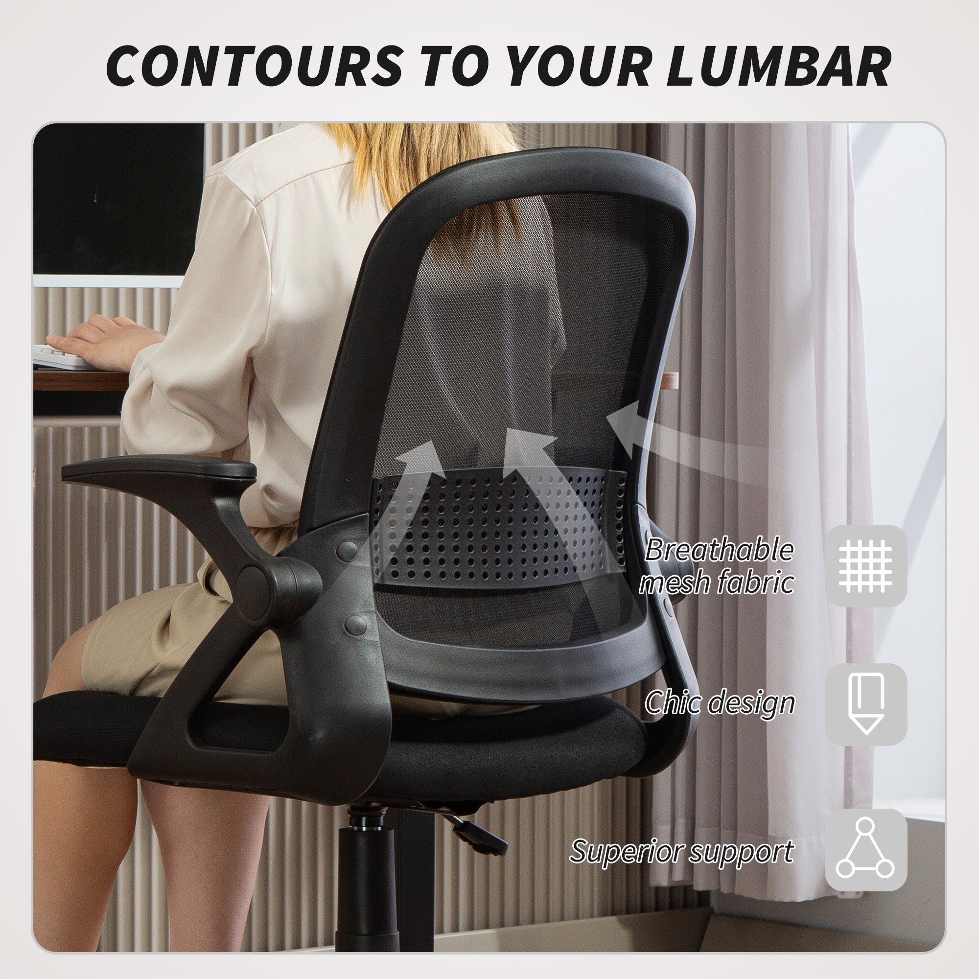 HOMCOM Breathable Mesh Office Chair, Ergonomic Swivel Computer Chair with Flip-up Armrests, Lumbar Back Support for Home/Office, Black