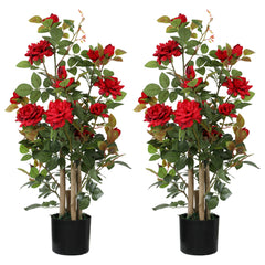 HOMCOM 90cm Artificial Rose Tree Set of 2, Decorative Fake Plant with 344 Silk Leaves 17 Flowers for Outdoor Indoor Decor, Red