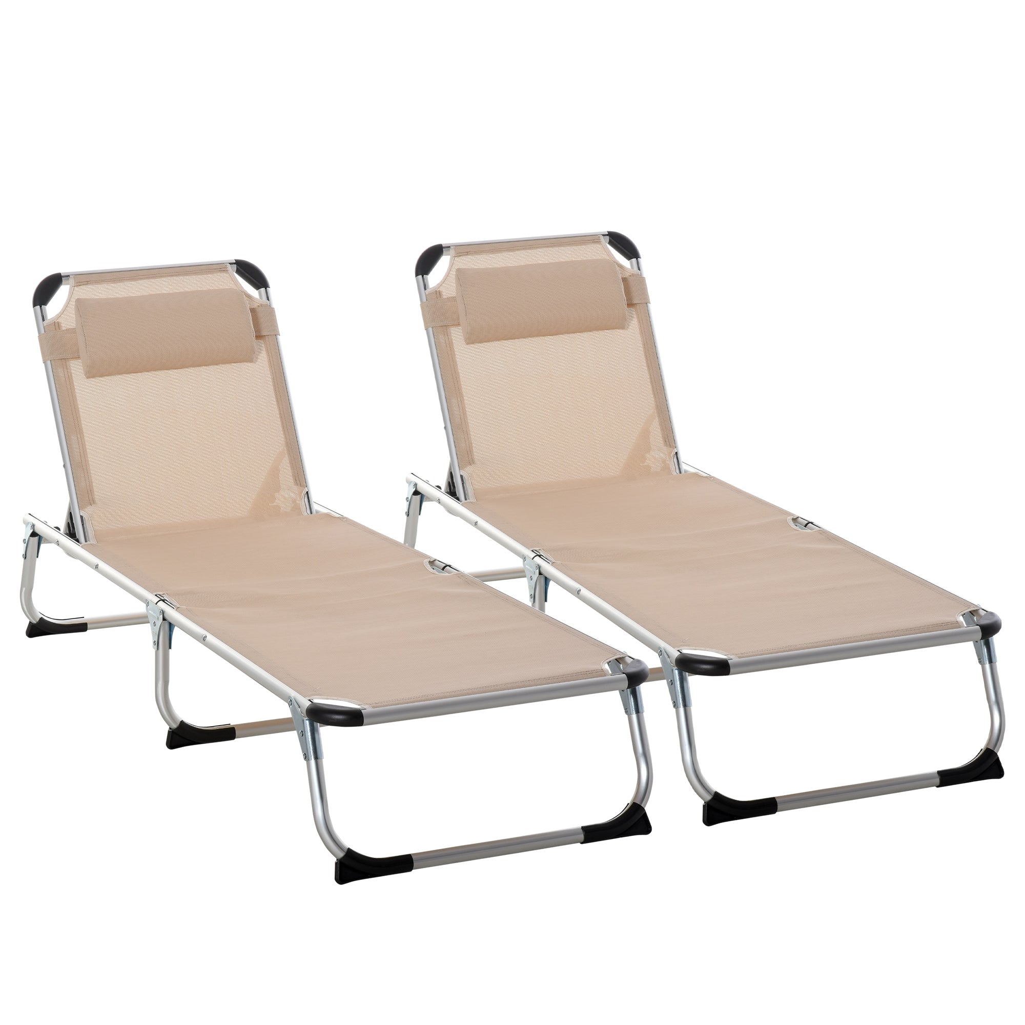 Outsunny Foldable Outdoor Sun Loungers Set of 2, Reclining Lounge Chair Camping Bed Cot with Pillow 4-Level Adjustable Back Aluminium Frame, Khaki