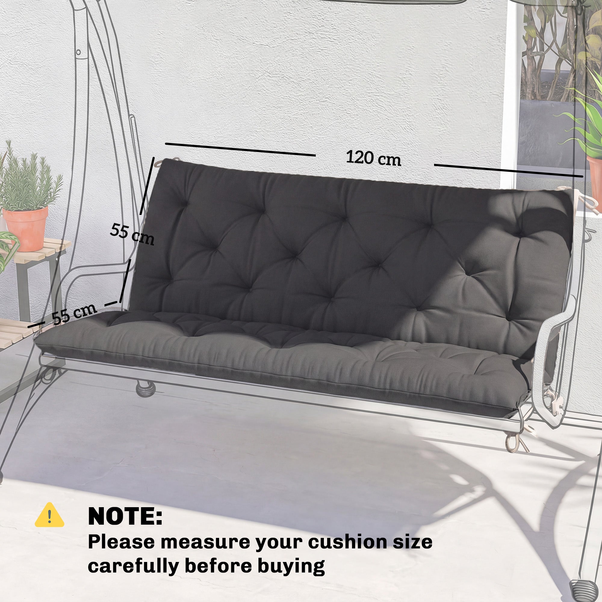 Outsunny Garden Bench Cushion, 2 Seater Swing Chair Cushion, Seat Pad with Ties for Indoor and Outdoor Use, 110 x 120 cm, Black