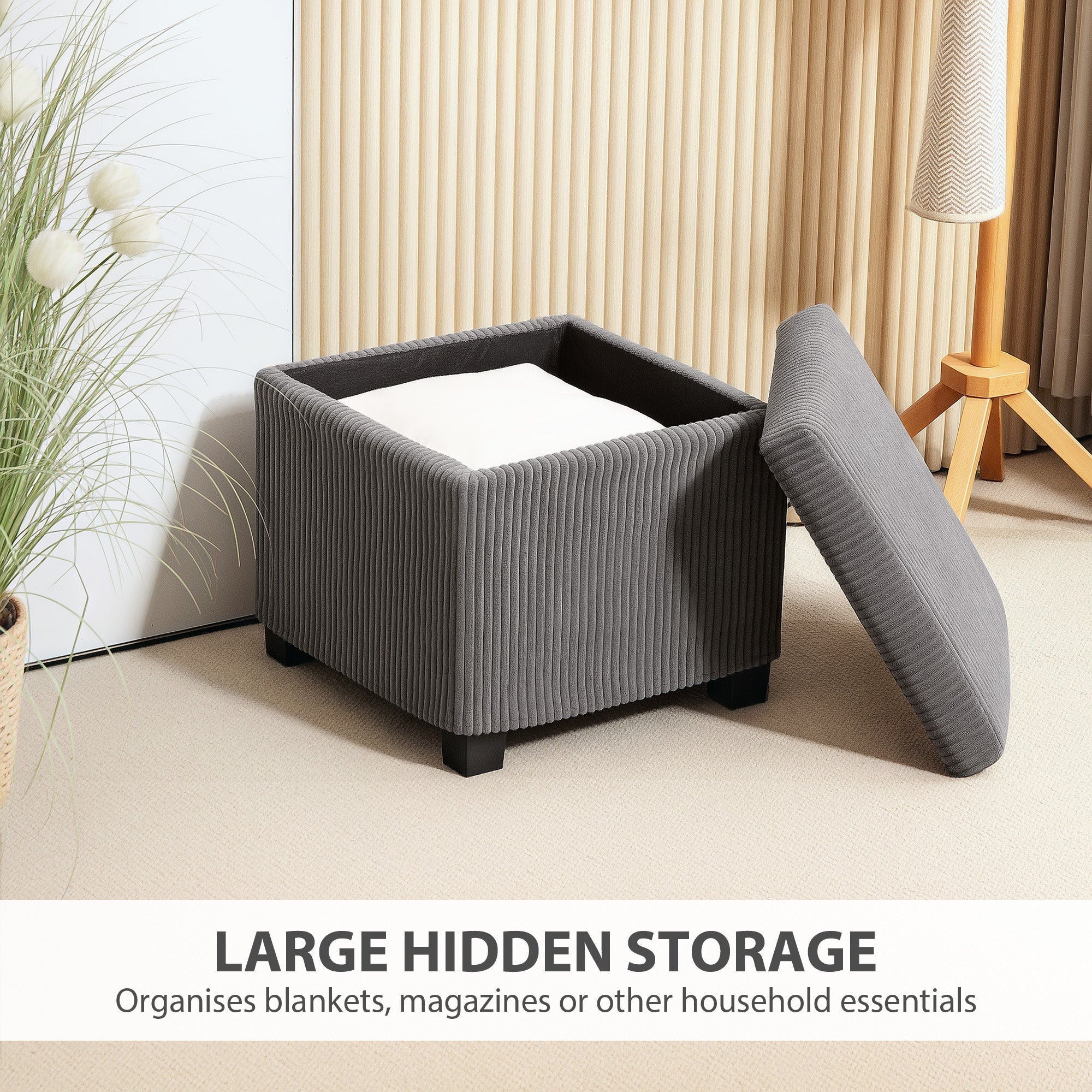 HOMCOM Storage Ottoman Bench, Corduroy Footstool with Removable Lid and Legs, 40cm Storage Chest Box for Living Room, Bedroom, Hallway, Grey