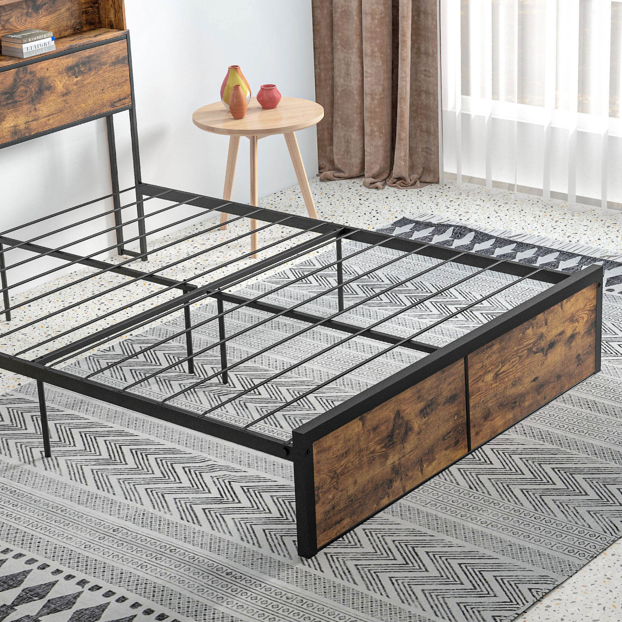 HOMCOM Industrial Double Bed Frame, 4.6FT Steel Bed Base with Storage Headboard, Footboard, Slatted Support and Under Bed Storage, 141 x 207cm, Rustic Brown