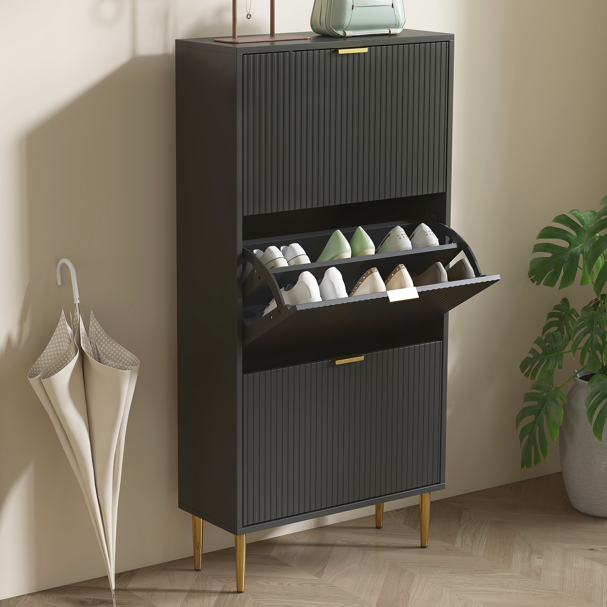 HOMCOM Narrow Shoe Cabinet with 3 Flip Drawers - Black